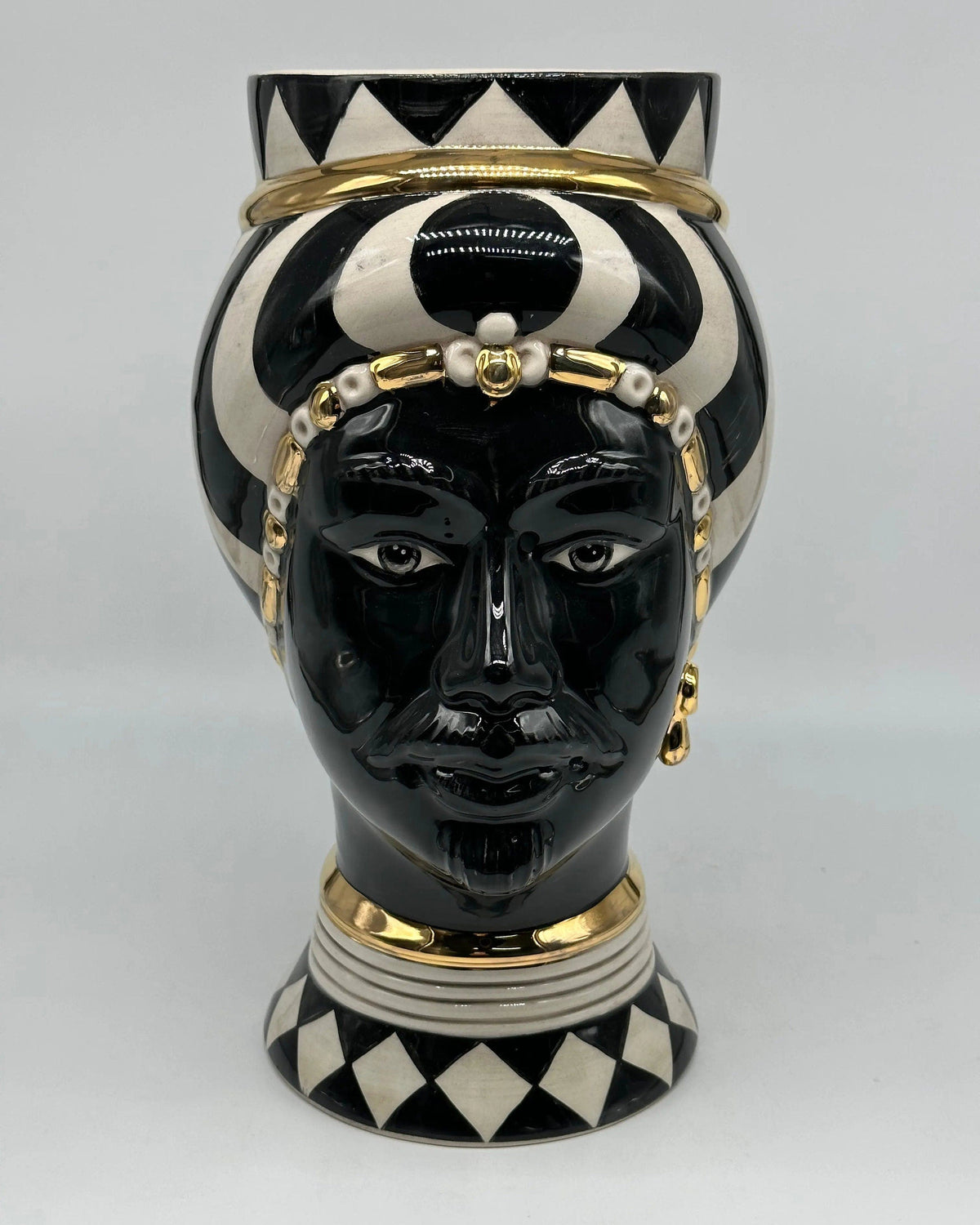 Teste di Moro Token Ceramica Caltagirone cm H.31 L.18 Artigianale Bianco Nero Oro DD CERAMICHE SICILIANE