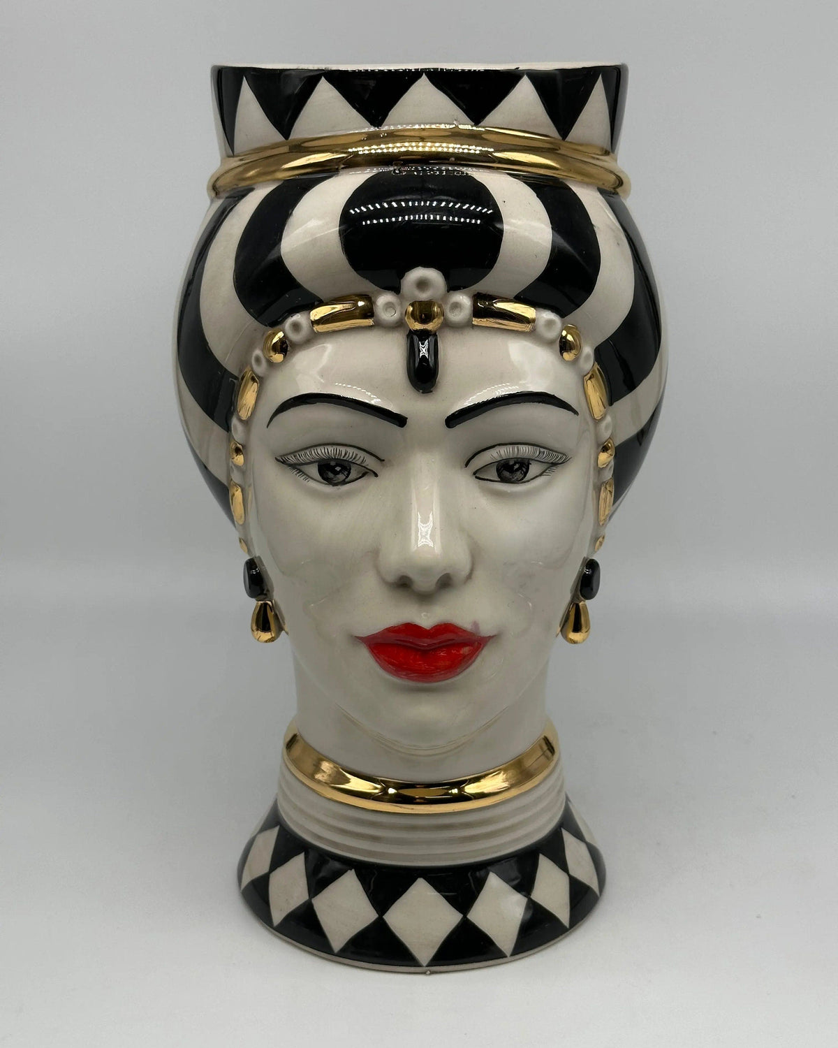 Teste di Moro Token Ceramica Caltagirone cm H.31 L.18 Artigianale Bianco Nero Oro DD CERAMICHE SICILIANE