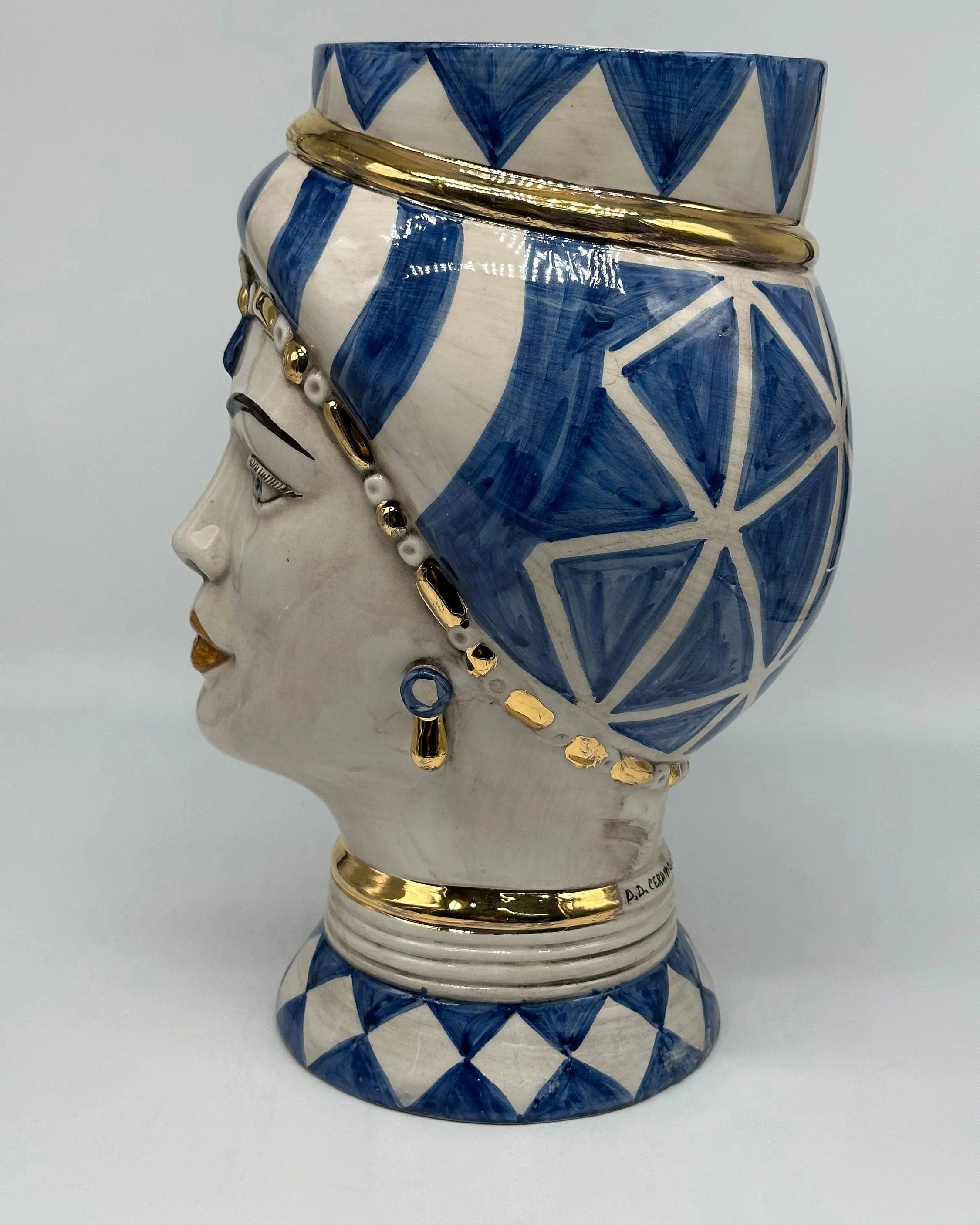 Teste di Moro Token Ceramica Caltagirone cm H.31 L.18 Artigianale Blu Bianco Oro DD CERAMICHE SICILIANE
