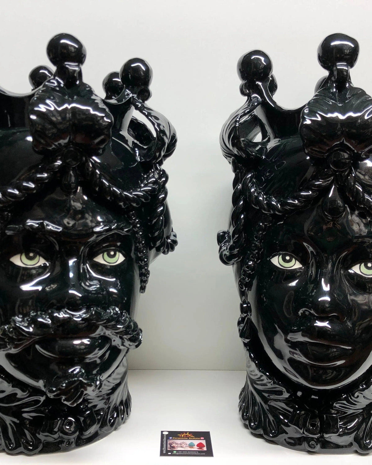 Teste di Moro Zefiro Ceramica Caltagirone cm H.43 L.26 Artigianale Nero Lucido Occhi Verde DD CERAMICHE SICILIANE