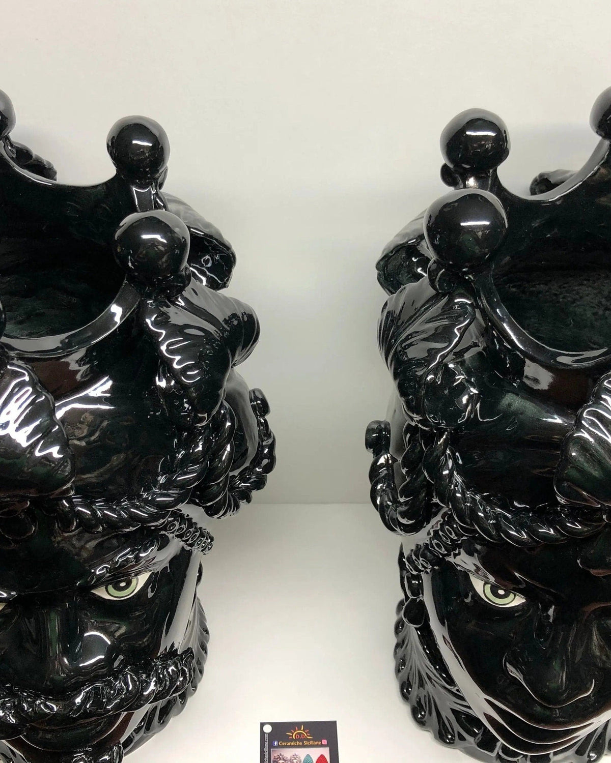 Teste di Moro Zefiro Ceramica Caltagirone cm H.43 L.26 Artigianale Nero Lucido Occhi Verde DD CERAMICHE SICILIANE