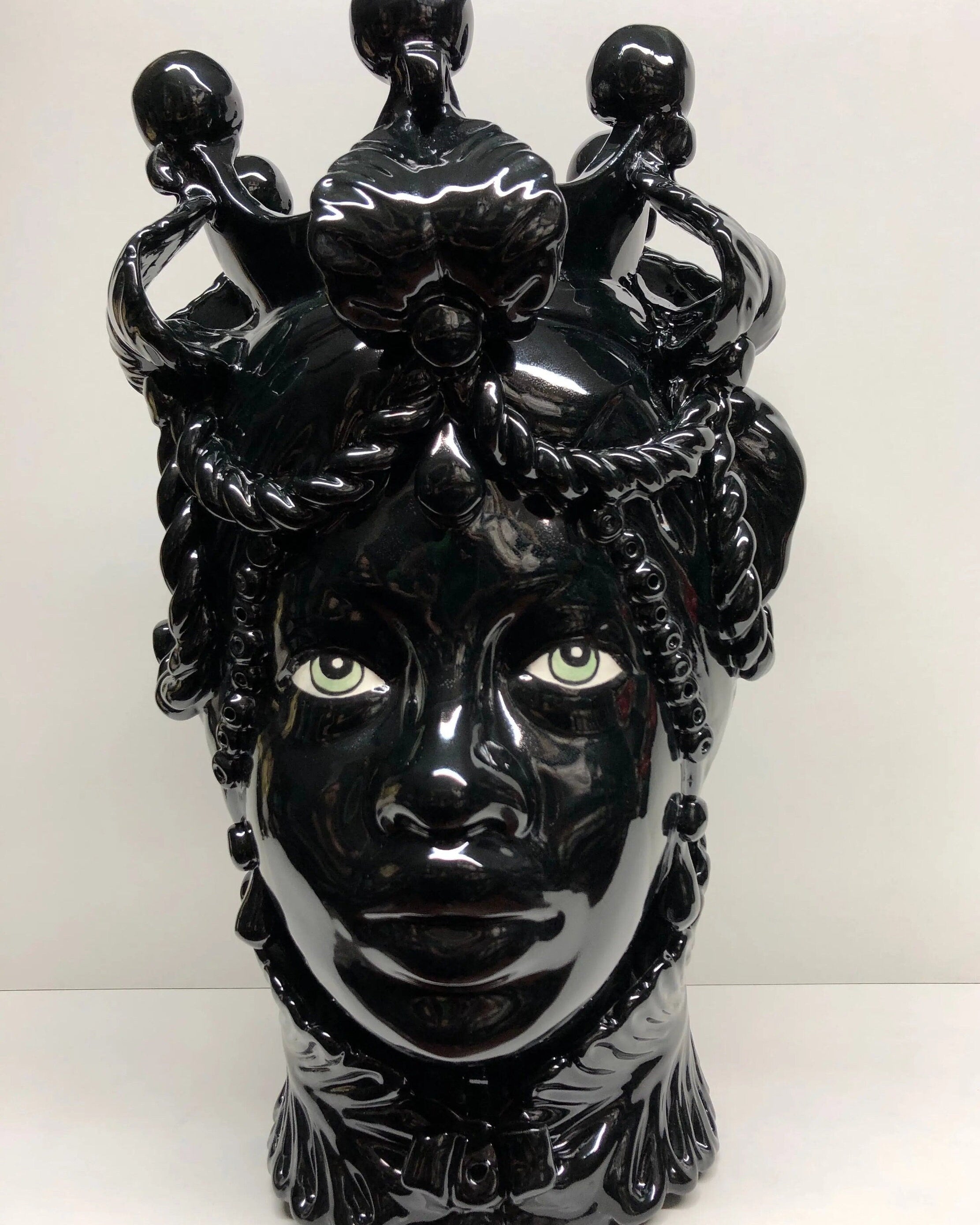 Teste di Moro Zefiro Ceramica Caltagirone cm H.43 L.26 Artigianale Nero Lucido Occhi Verde DD CERAMICHE SICILIANE