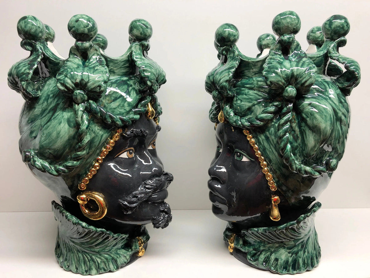 Teste di Moro Zefiro Ceramica Caltagirone cm H.43 L.26 Artigianale Verde Nero Oro DD CERAMICHE SICILIANE