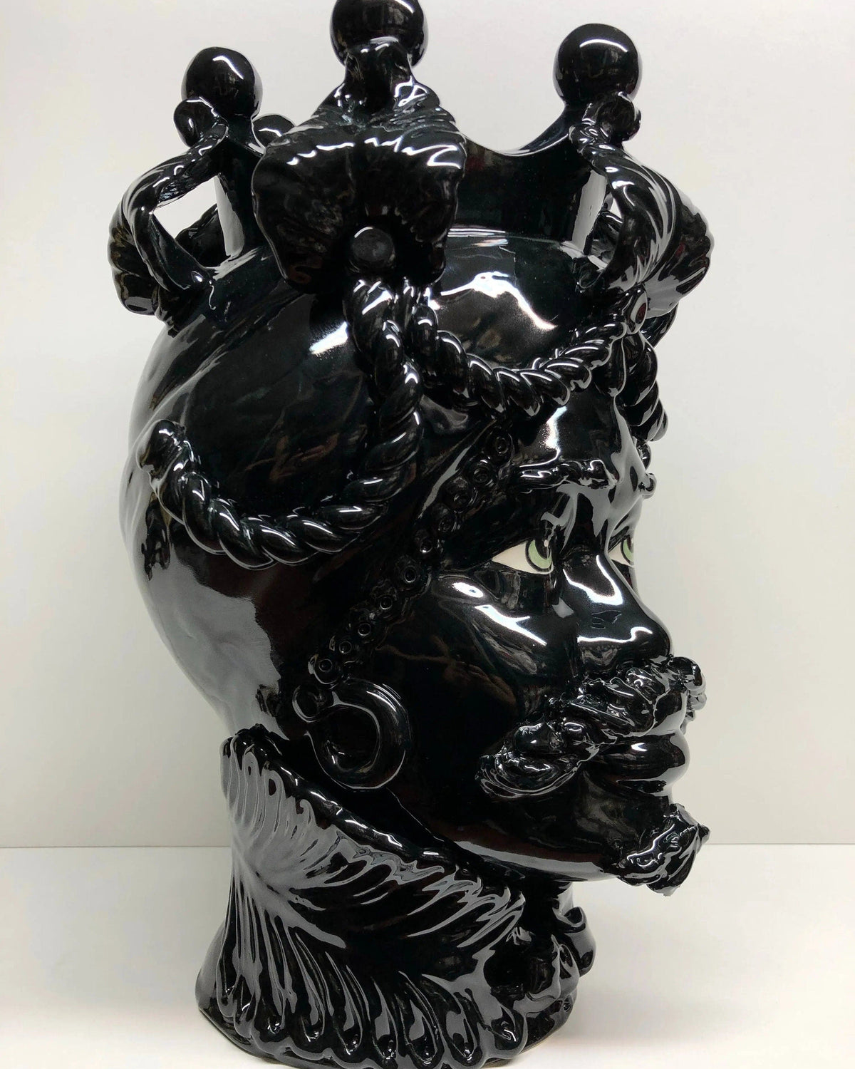 Teste di Moro Zefiro Ceramica Caltagirone cm H.43 L.26 Artigianale Nero Lucido Occhi Verde DD CERAMICHE SICILIANE