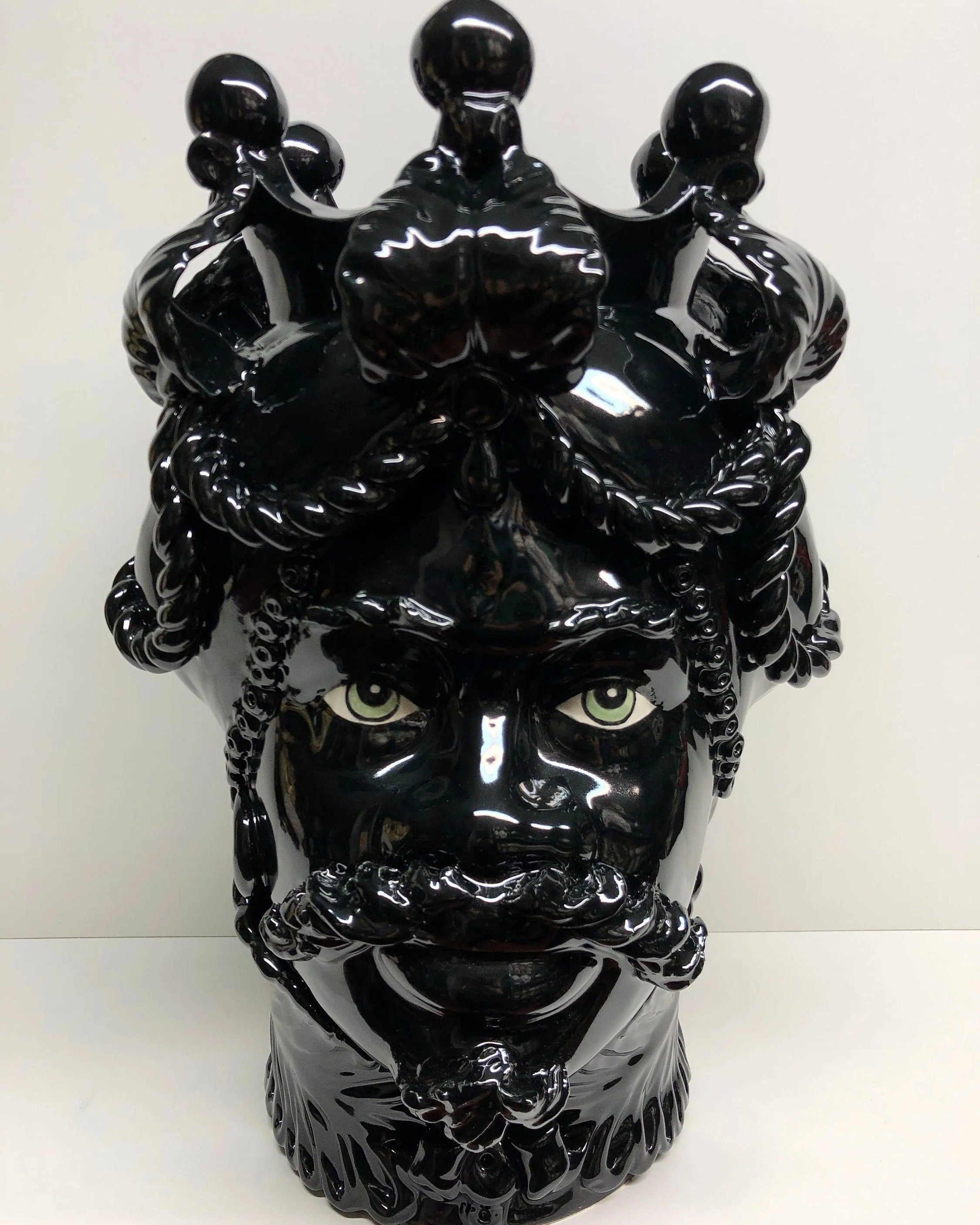 Teste di Moro Zefiro Ceramica Caltagirone cm H.43 L.26 Artigianale Nero Lucido Occhi Verde DD CERAMICHE SICILIANE
