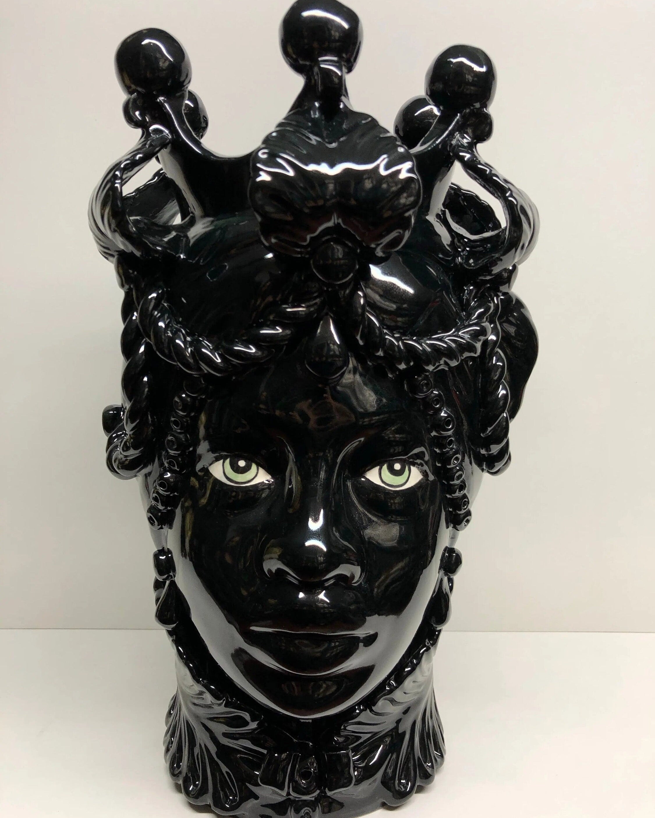 Teste di Moro Zefiro Ceramica Caltagirone cm H.43 L.26 Artigianale Nero Lucido Occhi Verde DD CERAMICHE SICILIANE