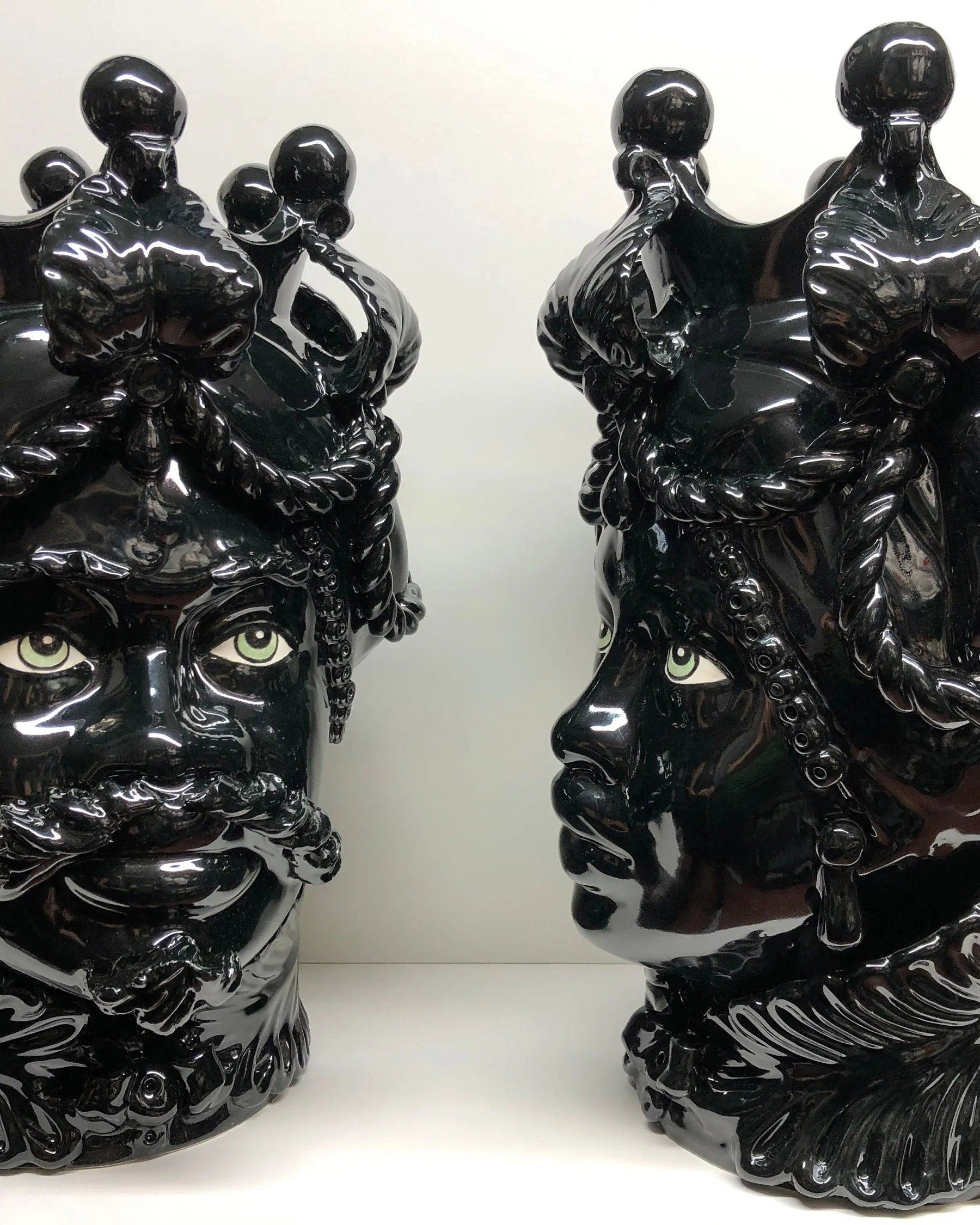 Teste di Moro Zefiro Ceramica Caltagirone cm H.43 L.26 Artigianale Nero Lucido Occhi Verde DD CERAMICHE SICILIANE