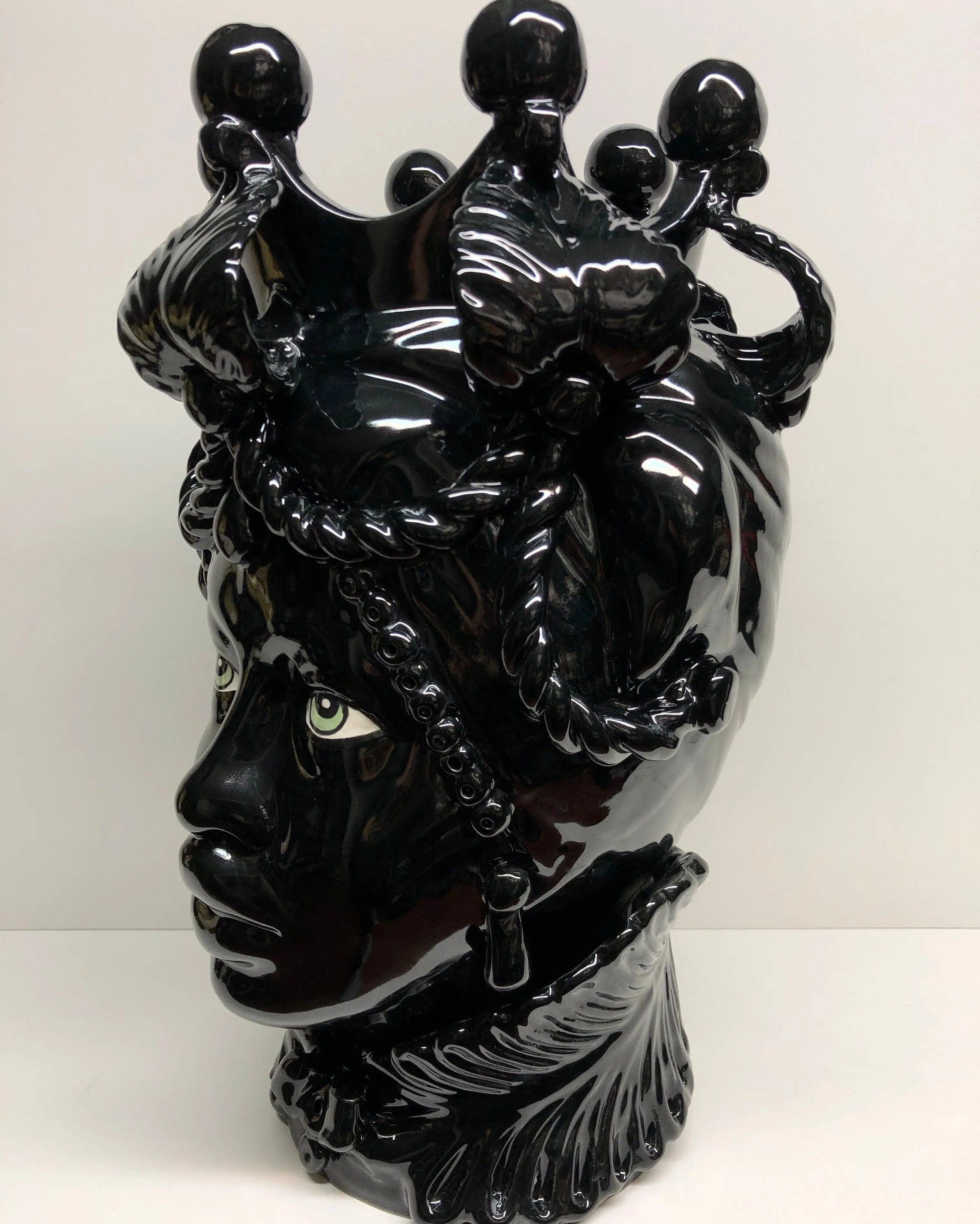 Teste di Moro Zefiro Ceramica Caltagirone cm H.43 L.26 Artigianale Nero Lucido Occhi Verde DD CERAMICHE SICILIANE