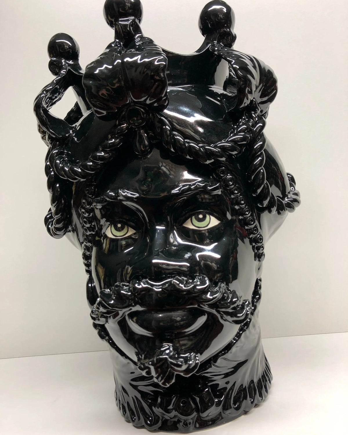 Teste di Moro Zefiro Ceramica Caltagirone cm H.43 L.26 Artigianale Nero Lucido Occhi Verde DD CERAMICHE SICILIANE