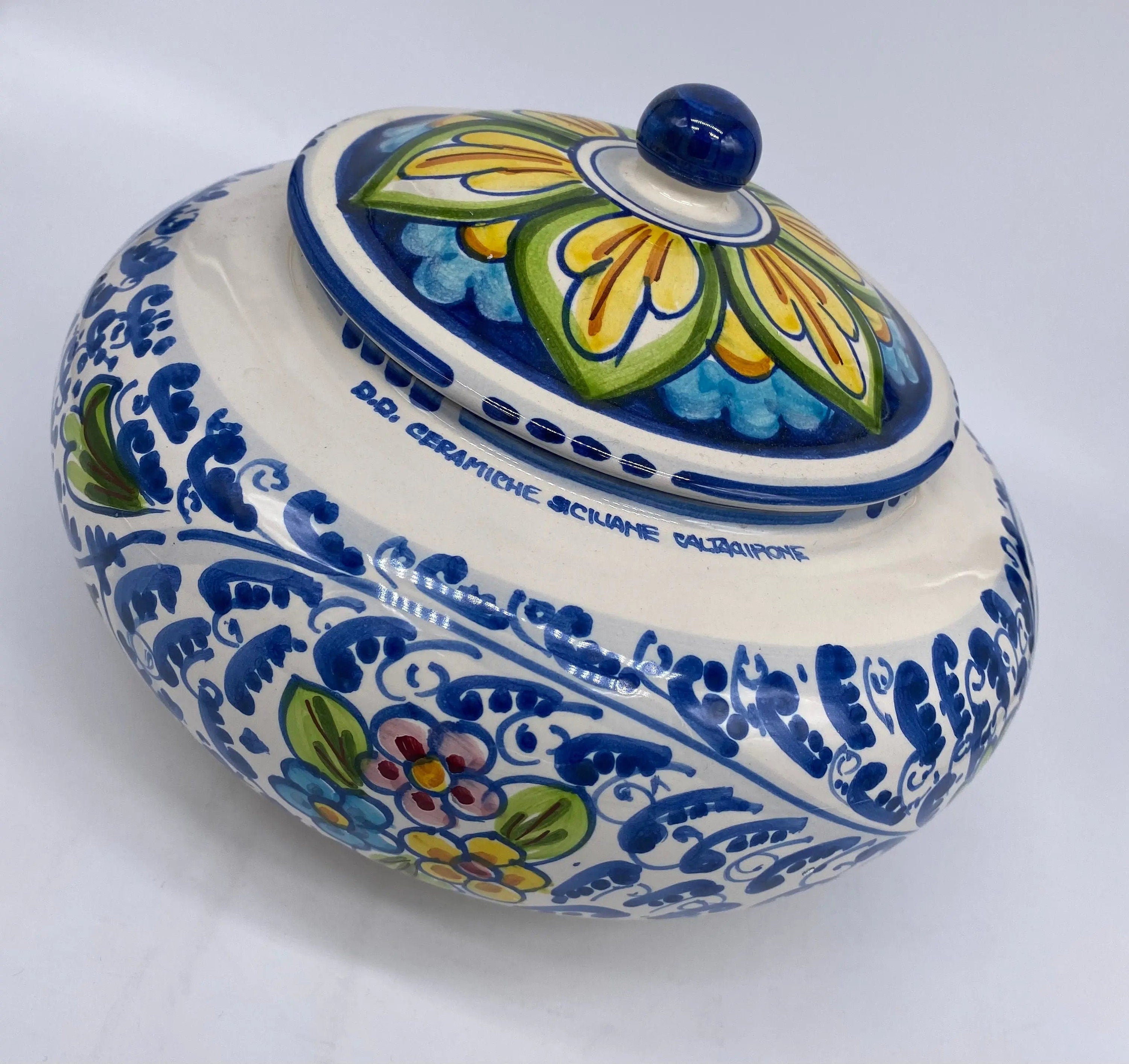 Biscottiera Decorata 600 Fiori Ceramica Caltagirone cm H.18 L.24 Artigianale DD CERAMICHE SICILIANE