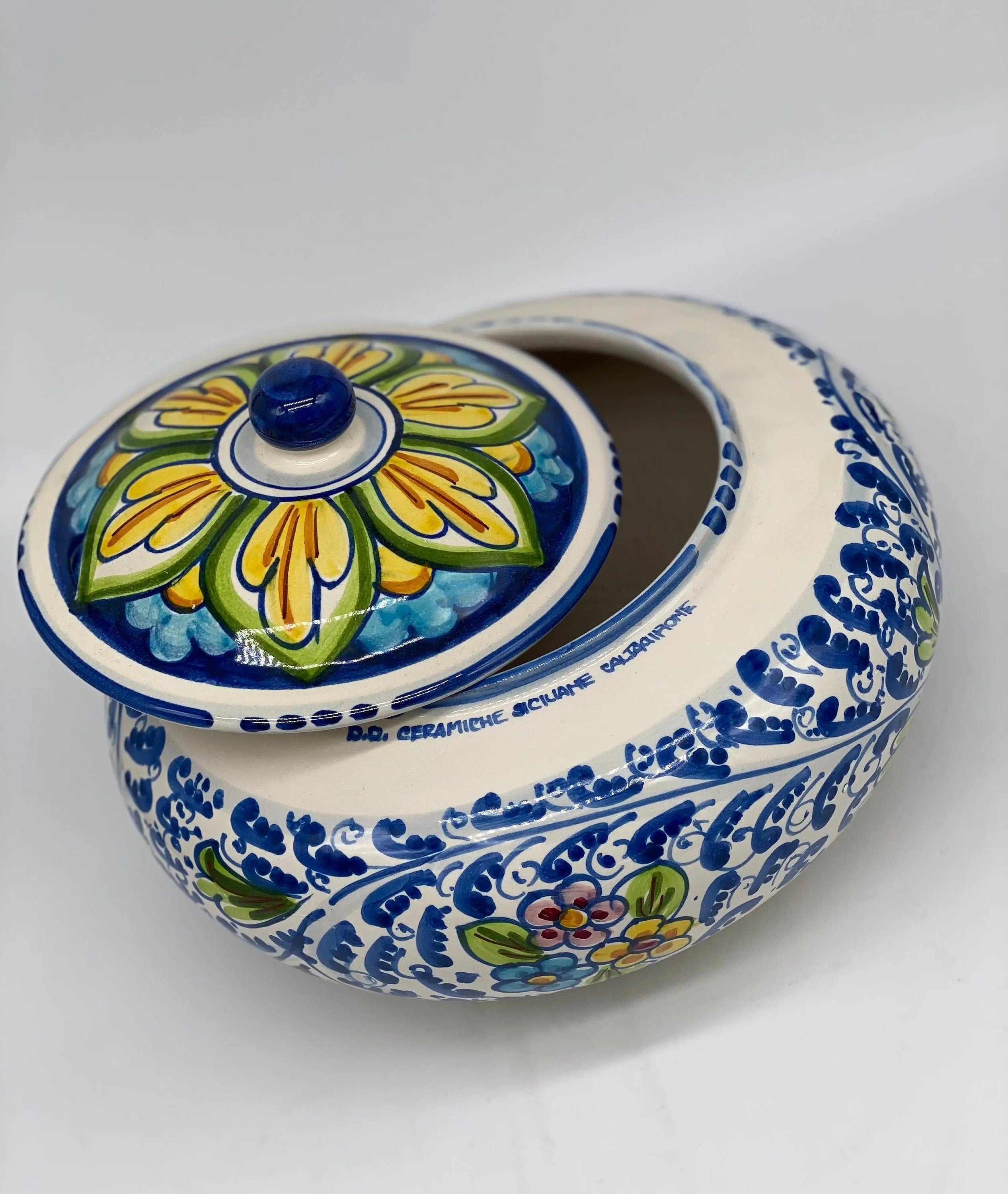 Biscottiera Decorata 600 Fiori Ceramica Caltagirone cm H.18 L.24 Artigianale DD CERAMICHE SICILIANE
