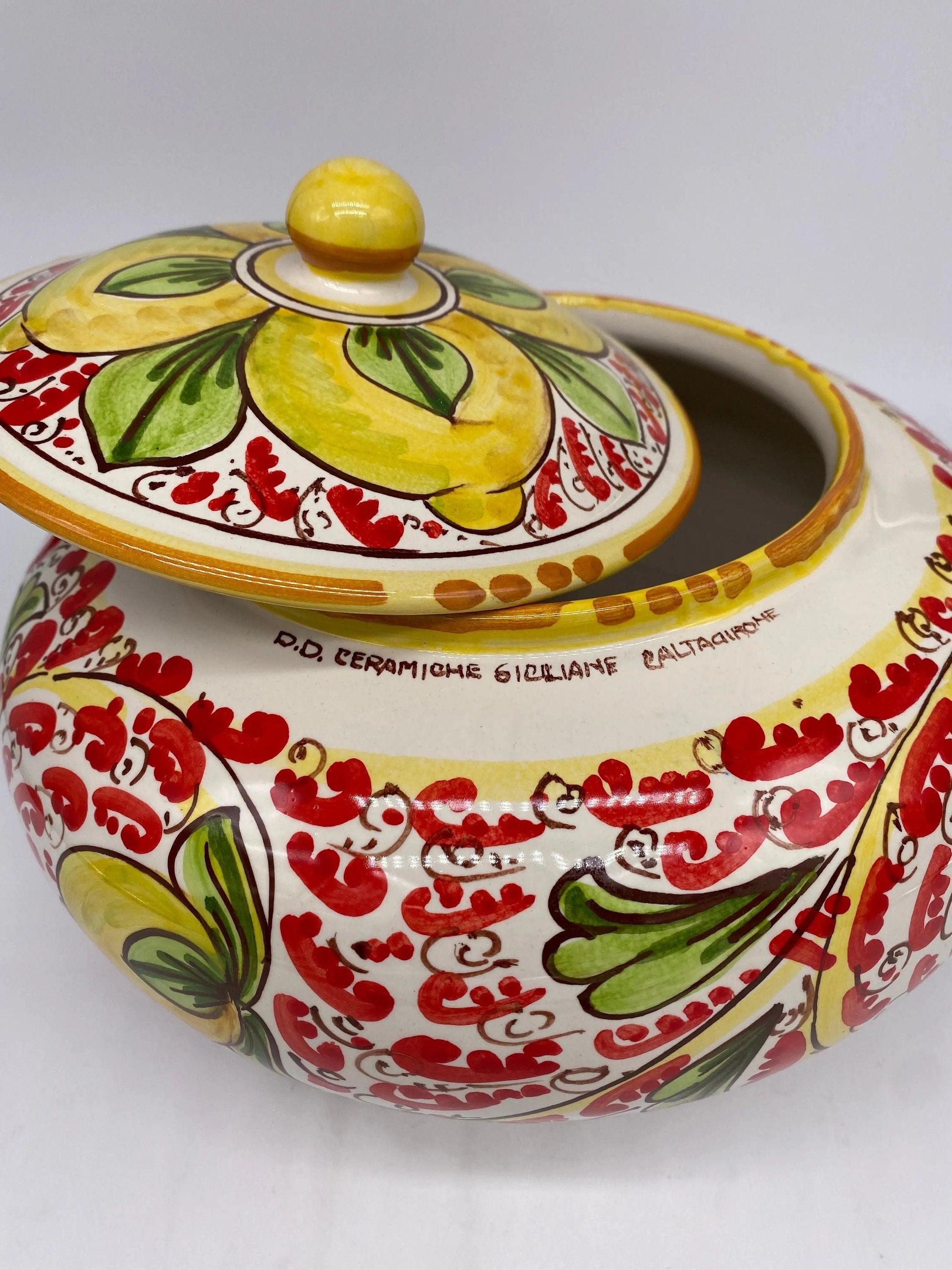 Biscottiera Decorata 600 Limoni Ceramica Caltagirone cm H.18 L.24 Artigianale DD CERAMICHE SICILIANE