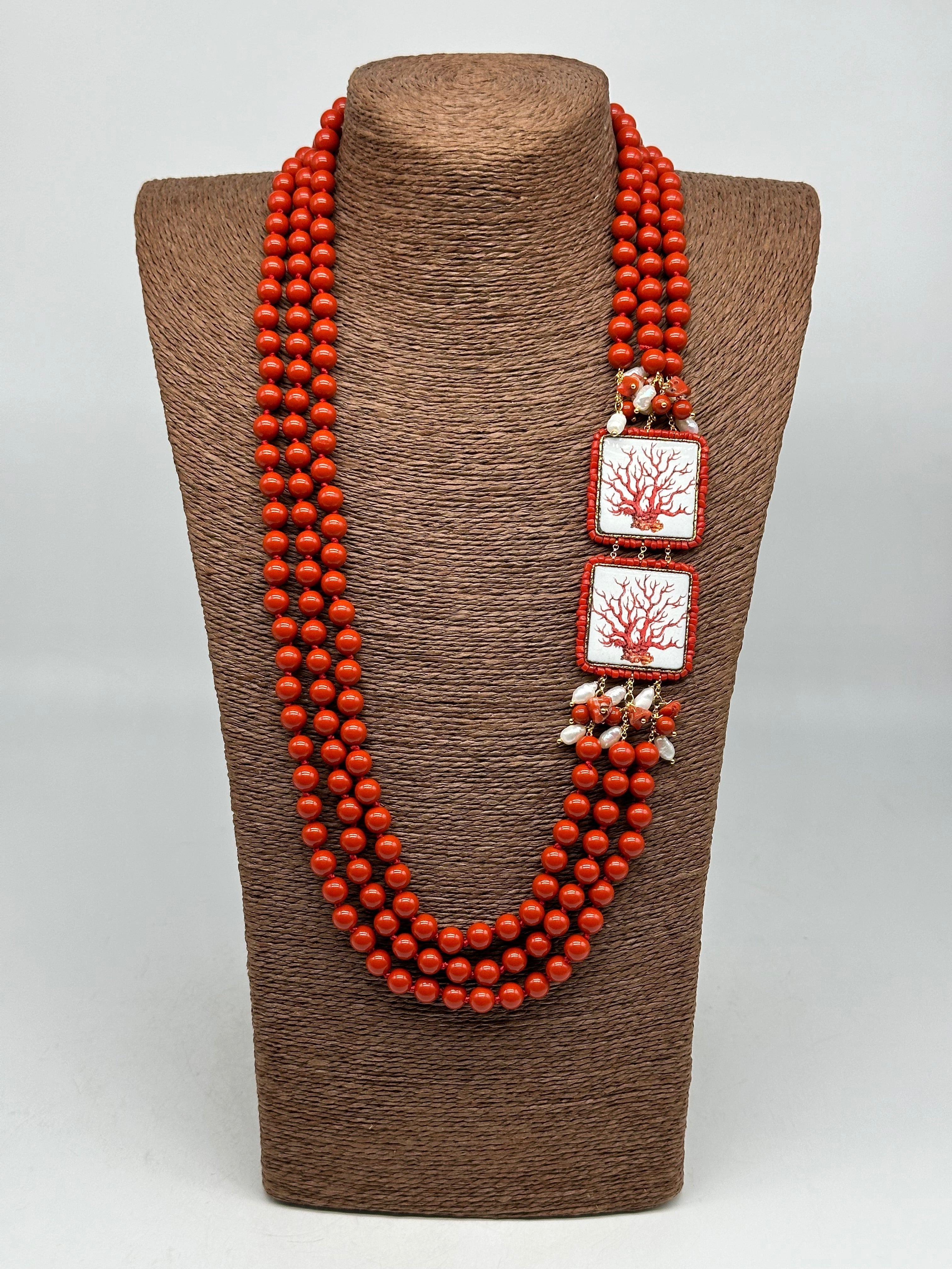 Collana 3 giri di Pietre Corallo 2 Piastrelle Ceramica di Caltagirone Perle - BIJOUX