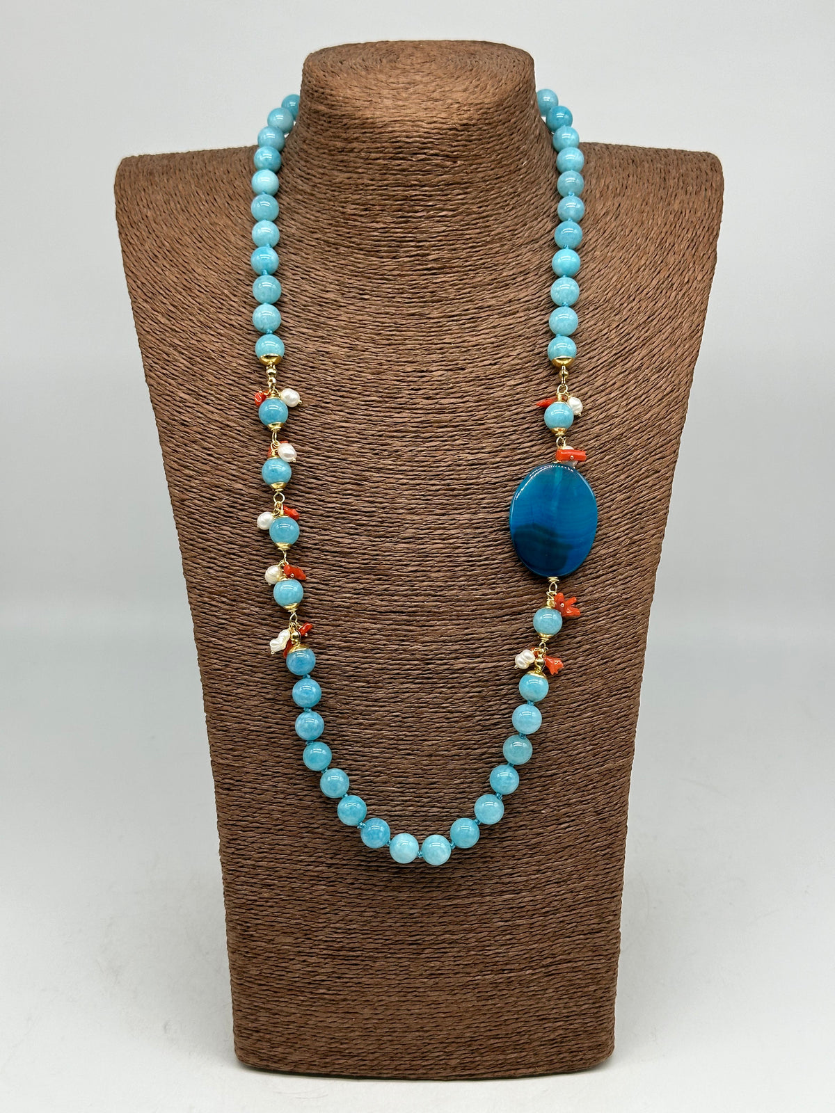 Collana Artigianale Pietre Turchese Corallo e Perle bianche BIJOUX