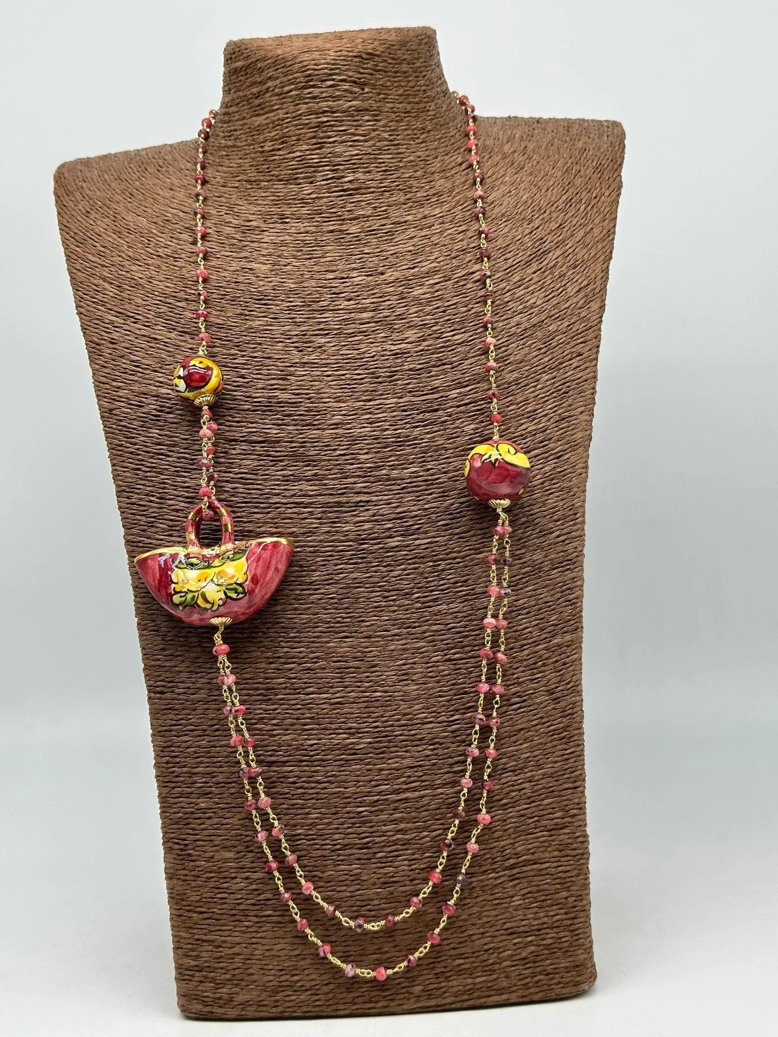 Collana Coffa Siciliana decorata Bordeaux Ceramica di Caltagirone - COLLANA