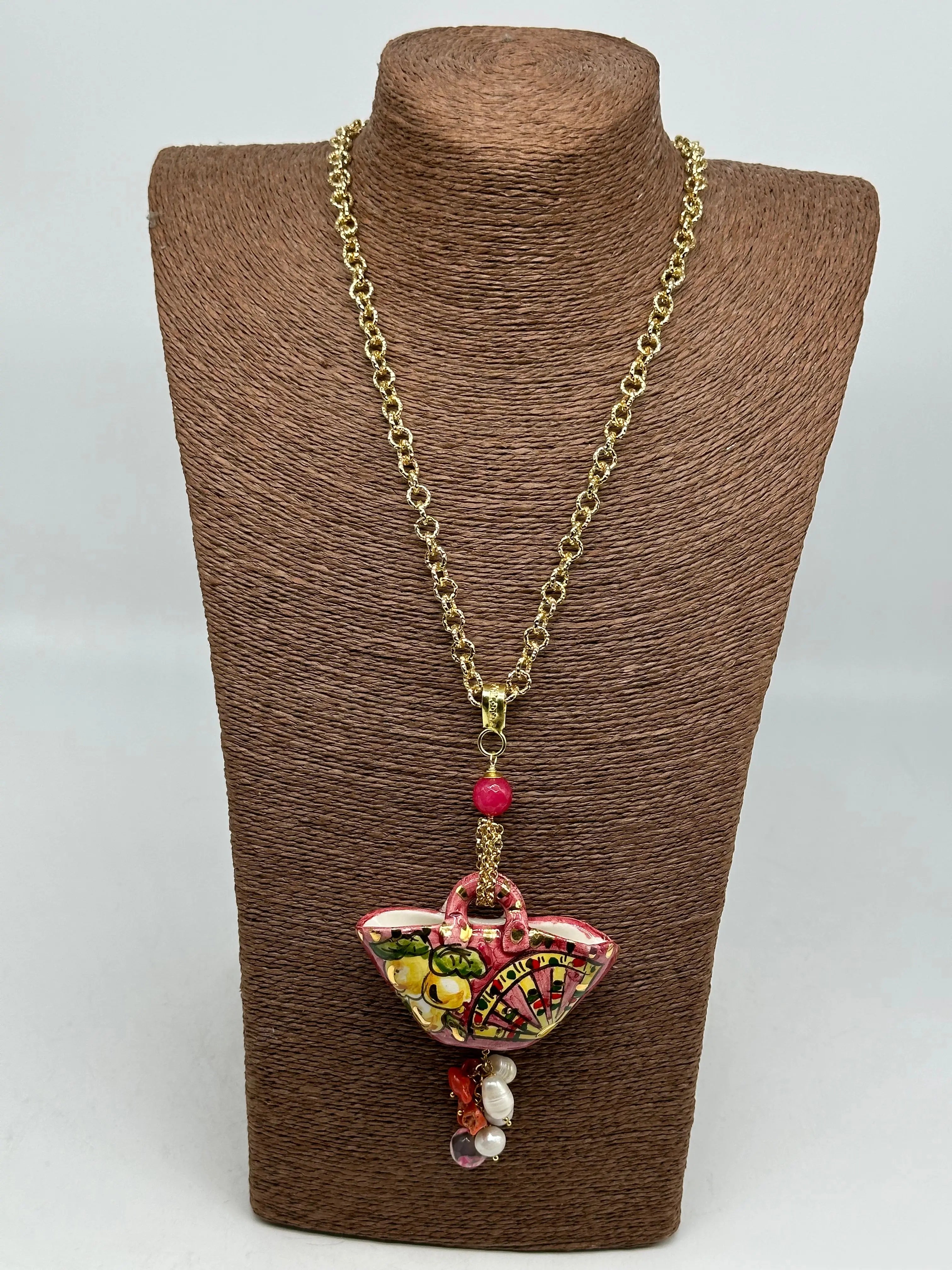 Collana Coffa Siciliana decorata Carretto Siciliano Ceramica di Caltagirone V.2 DD CERAMICHE SICILIANE