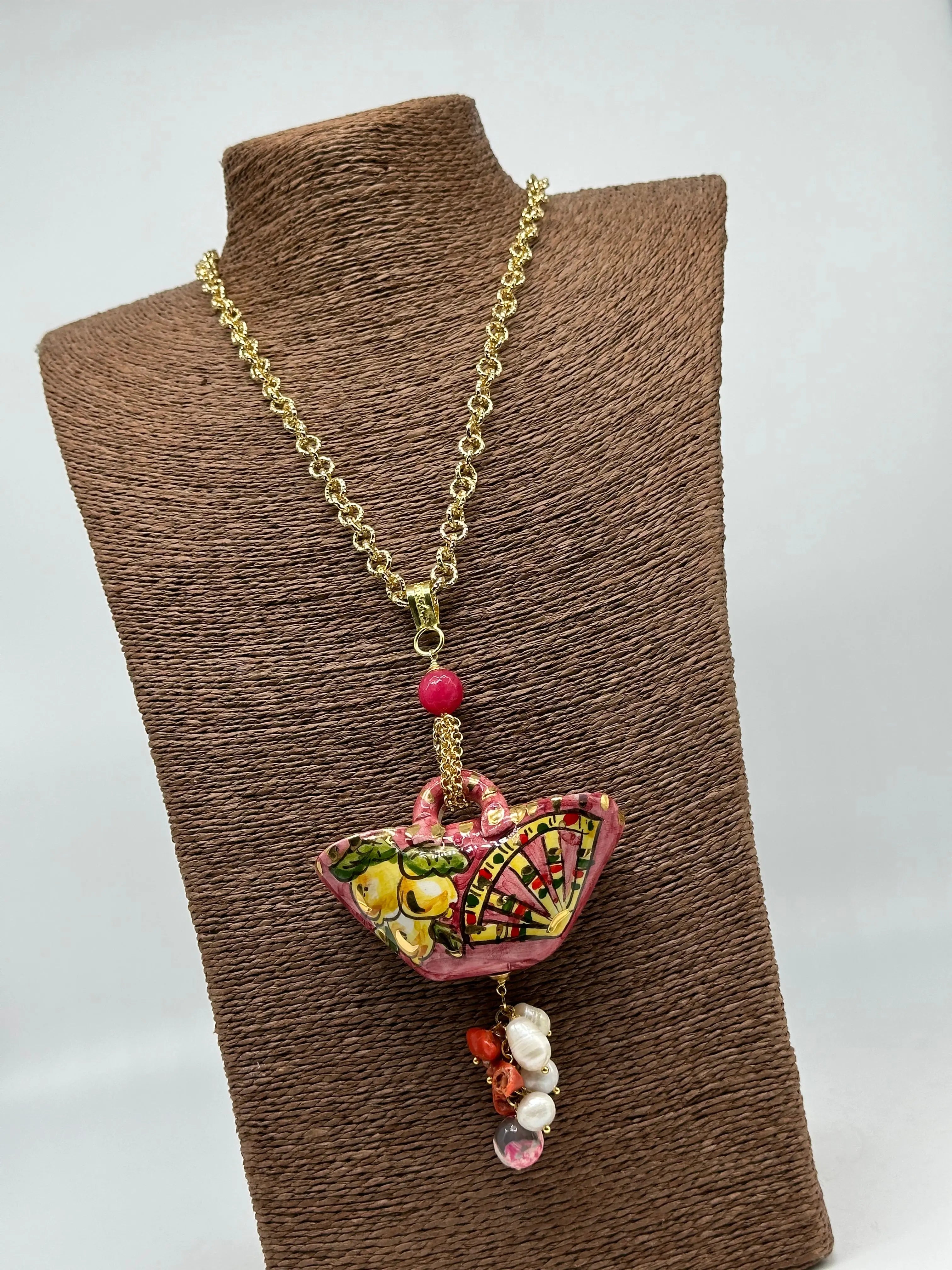 Collana Coffa Siciliana decorata Carretto Siciliano Ceramica di Caltagirone V.2 DD CERAMICHE SICILIANE