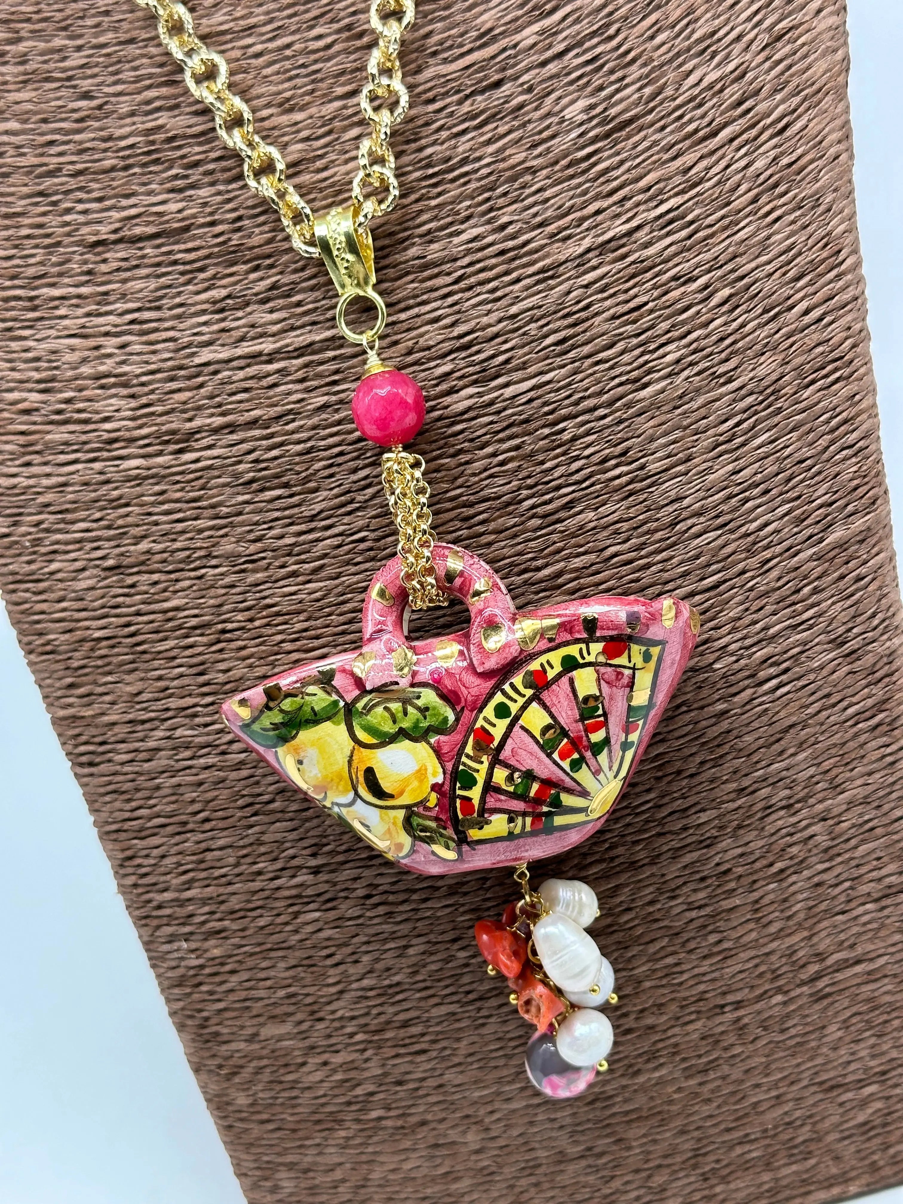 Collana Coffa Siciliana decorata Carretto Siciliano Ceramica di Caltagirone V.2 DD CERAMICHE SICILIANE