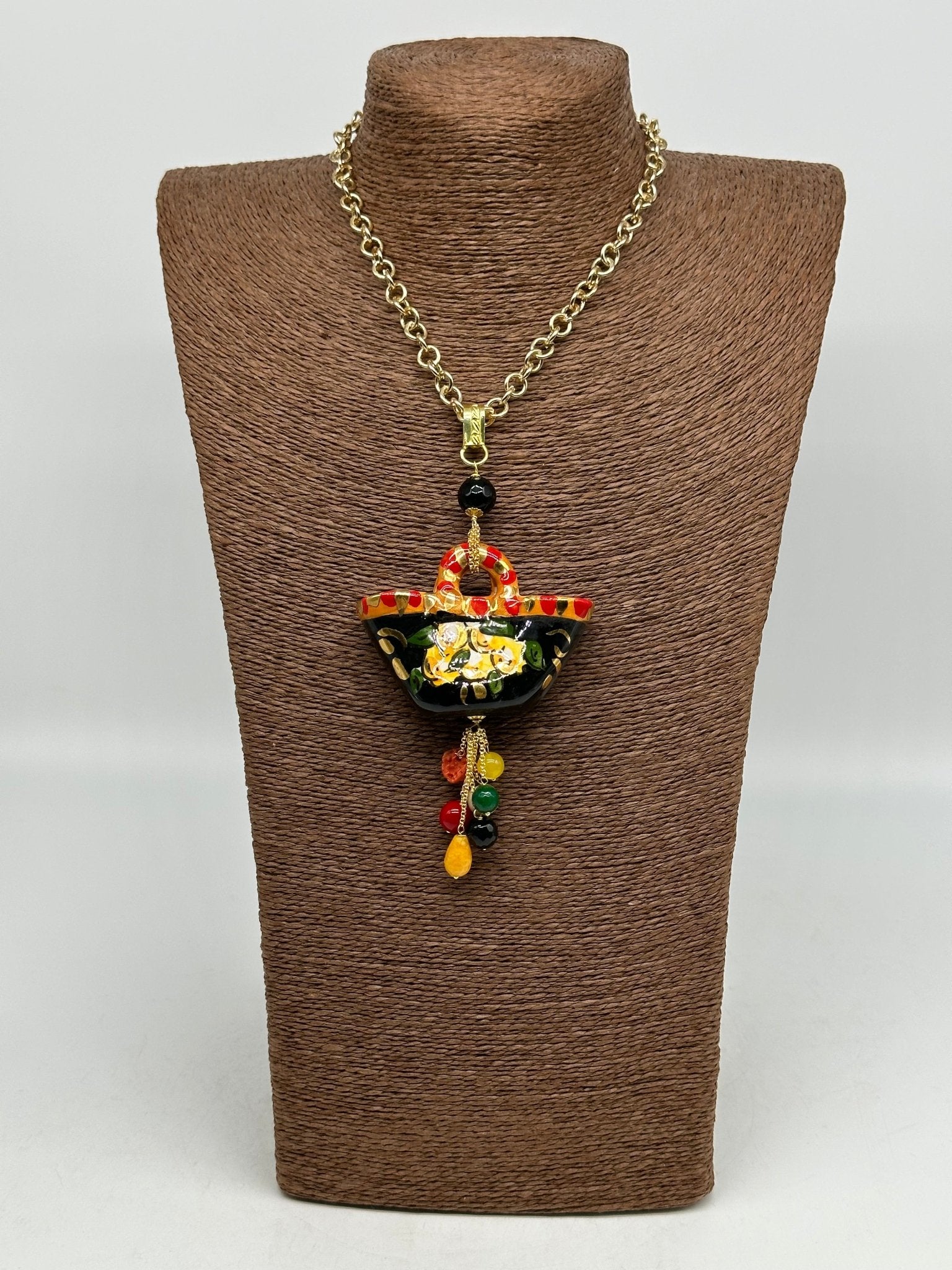 Collana Coffa Siciliana decorata Nero Ceramica di Caltagirone - DD CERAMICHE SICILIANE