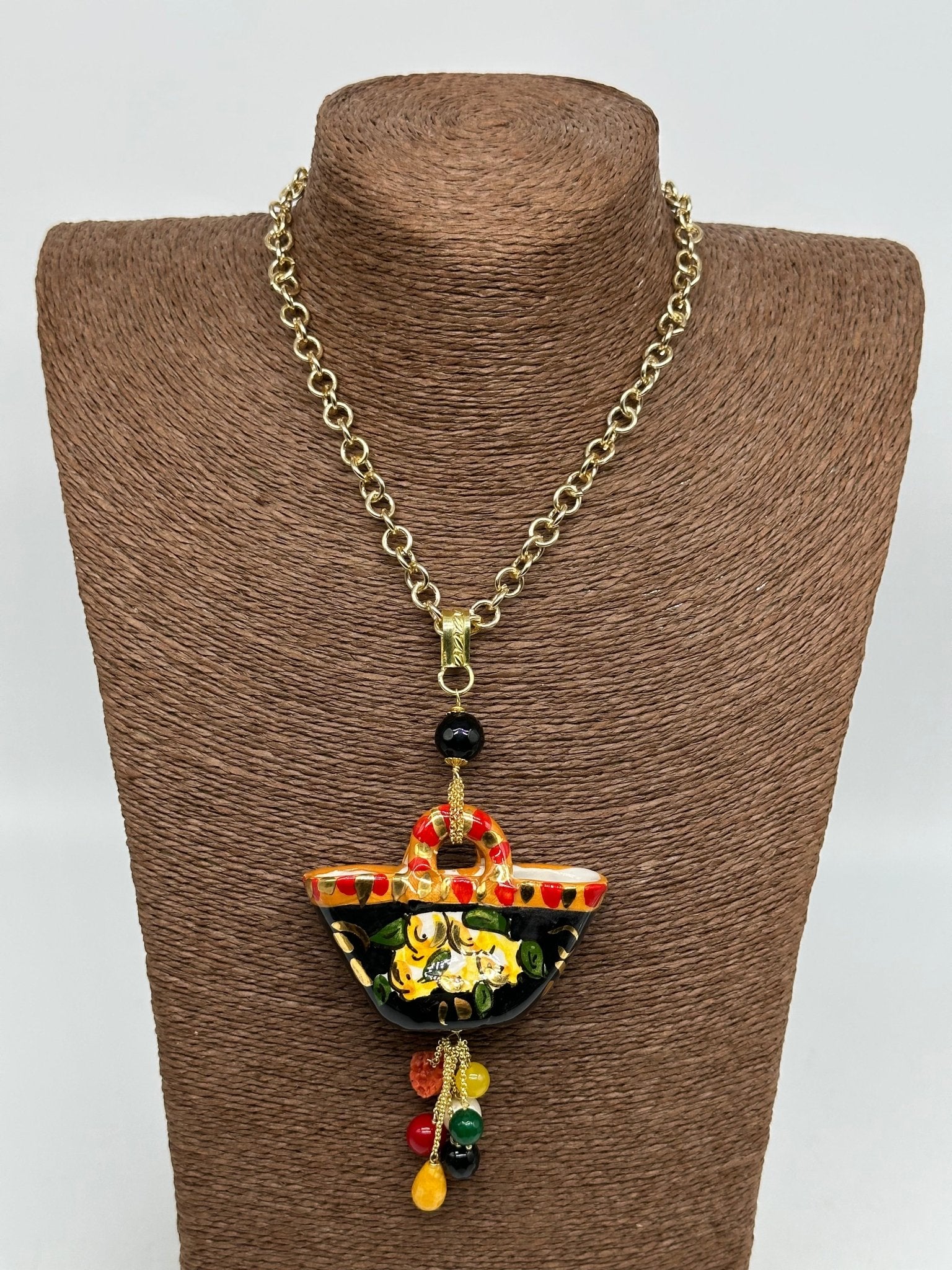 Collana Coffa Siciliana decorata Nero Ceramica di Caltagirone - DD CERAMICHE SICILIANE