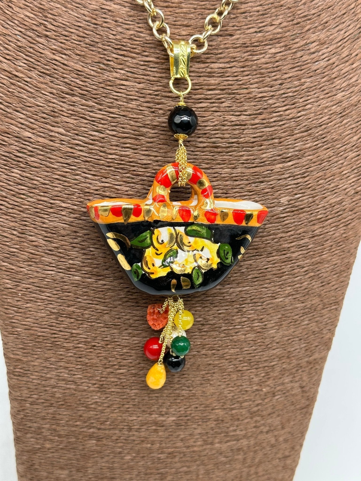 Collana Coffa Siciliana decorata Nero Ceramica di Caltagirone - DD CERAMICHE SICILIANE