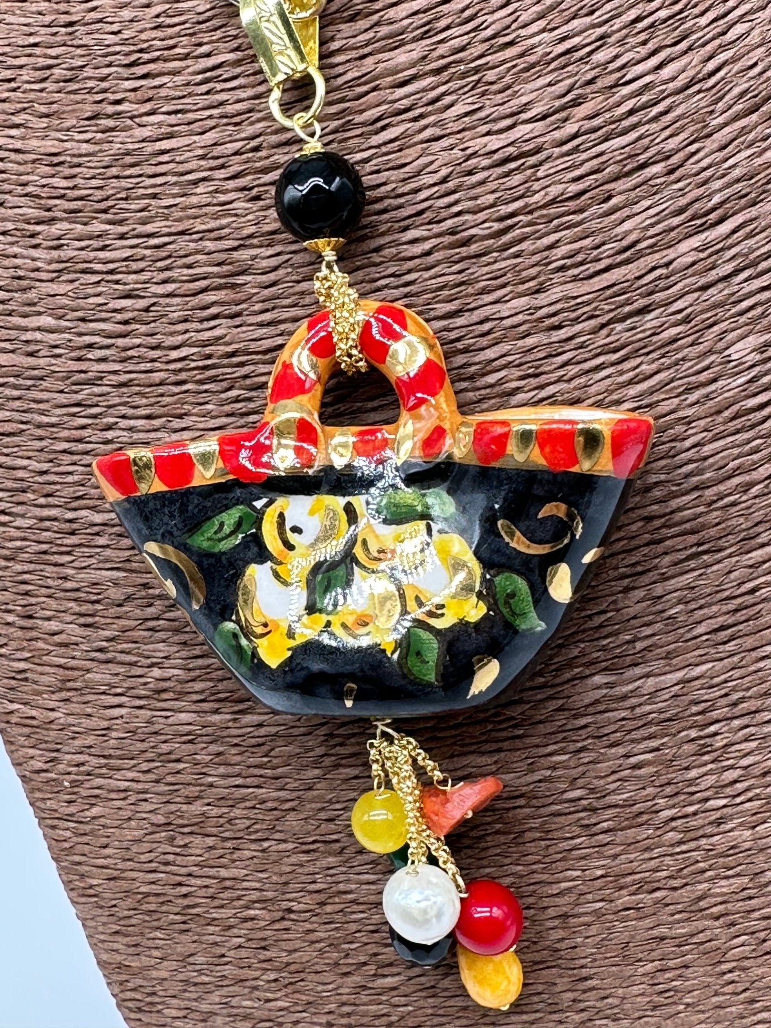Collana Coffa Siciliana decorata Nero Ceramica di Caltagirone - DD CERAMICHE SICILIANE