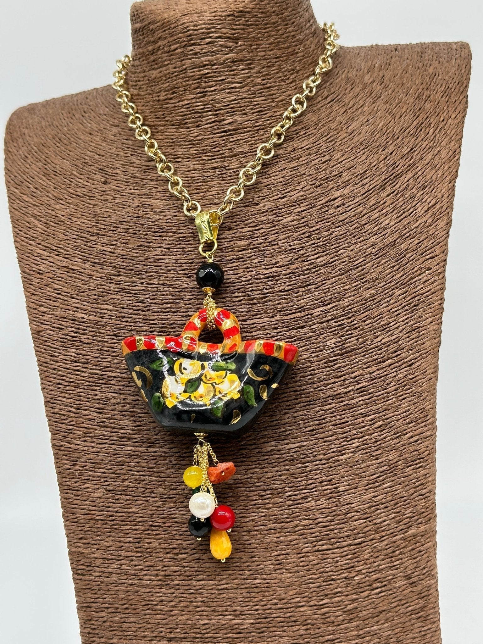 Collana Coffa Siciliana decorata Nero Ceramica di Caltagirone - DD CERAMICHE SICILIANE