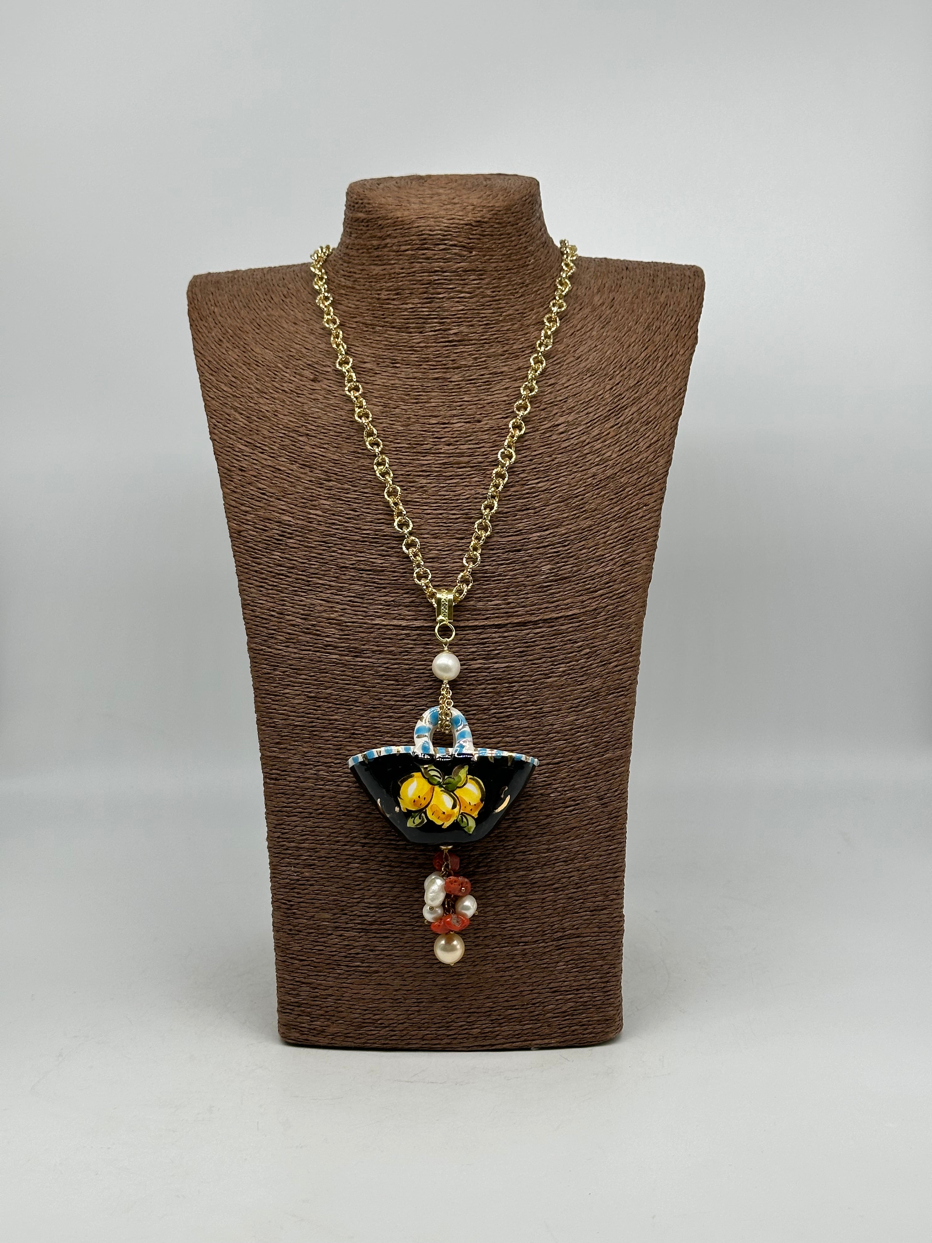 Collana Coffa Siciliana decorata Nero Ceramica di Caltagirone V.2 - COLLANA