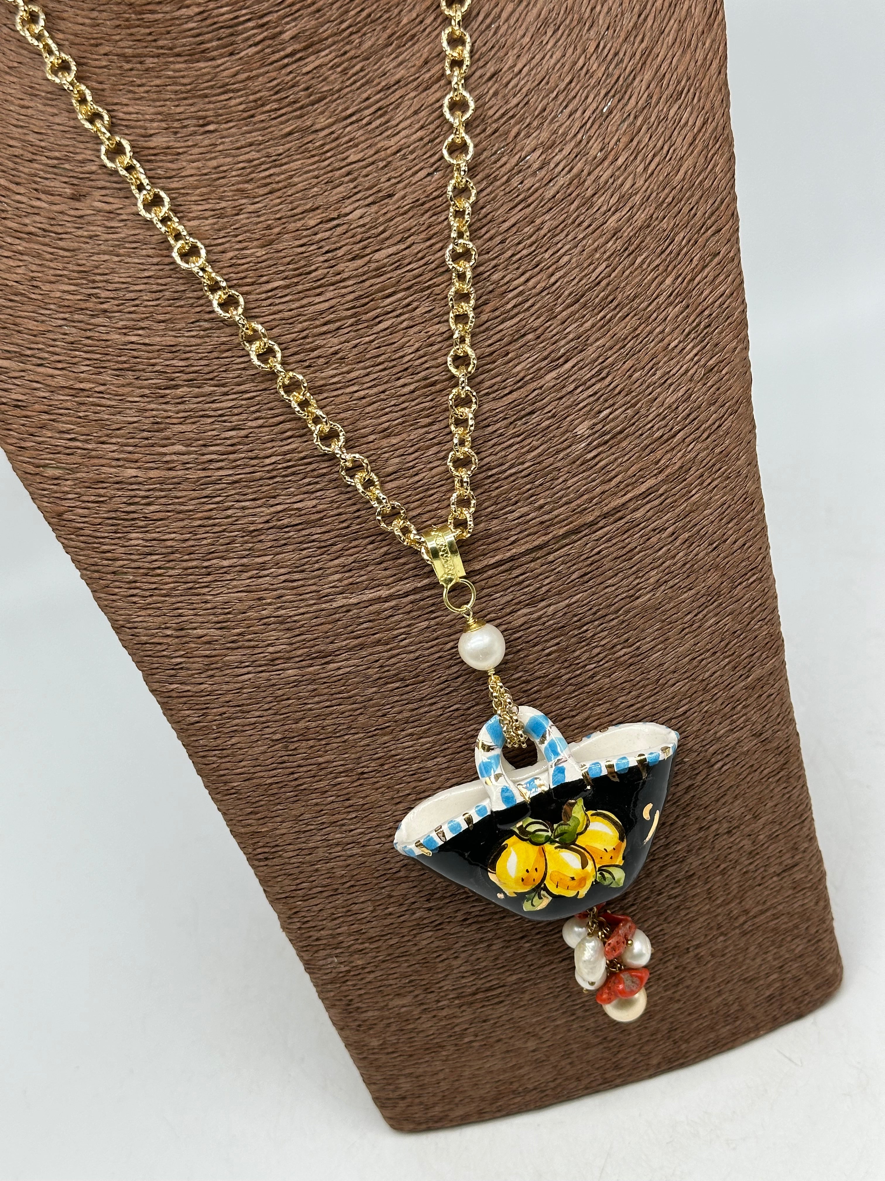 Collana Coffa Siciliana decorata Nero Ceramica di Caltagirone V.2 - COLLANA