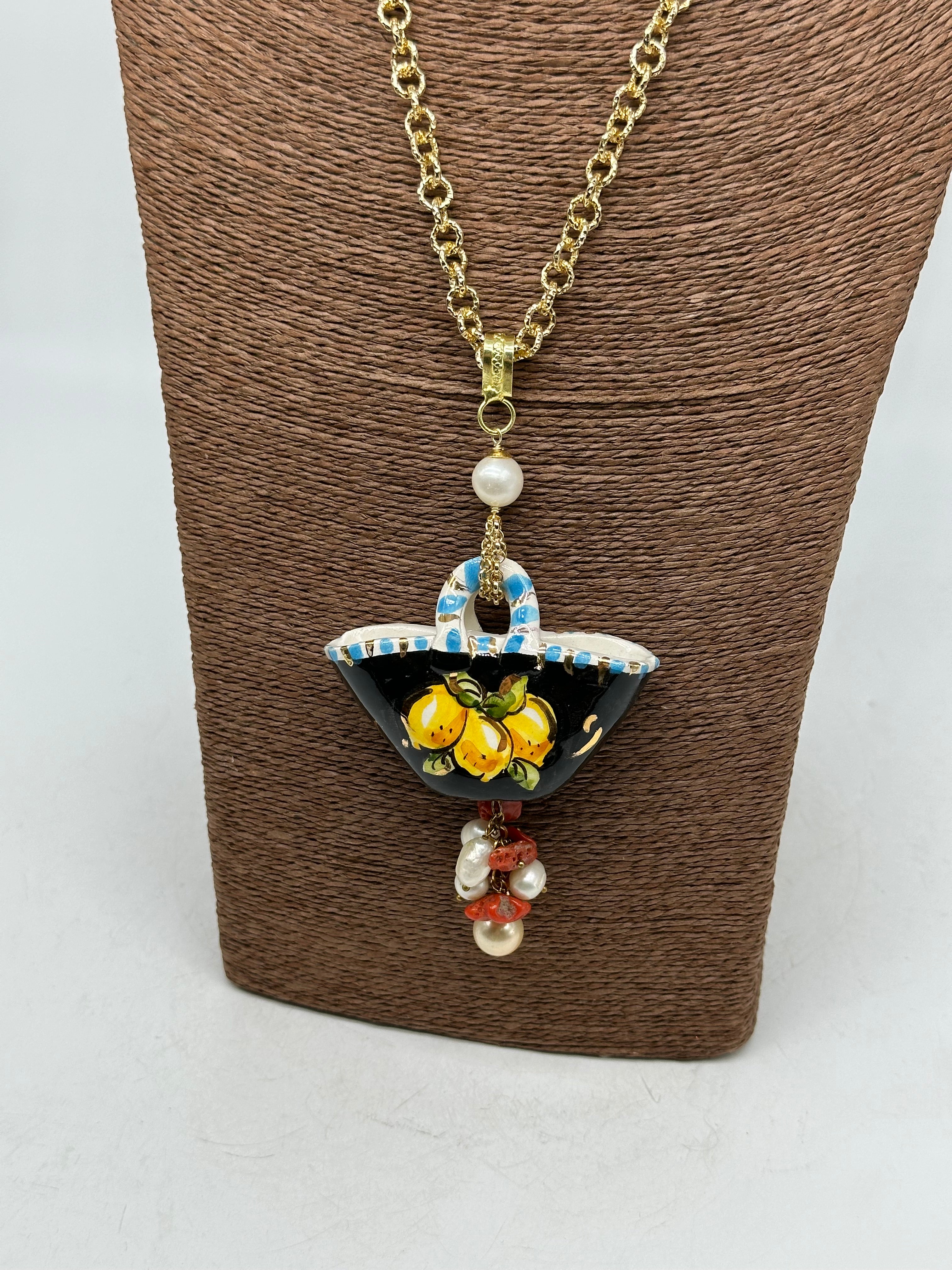 Collana Coffa Siciliana decorata Nero Ceramica di Caltagirone V.2 - COLLANA