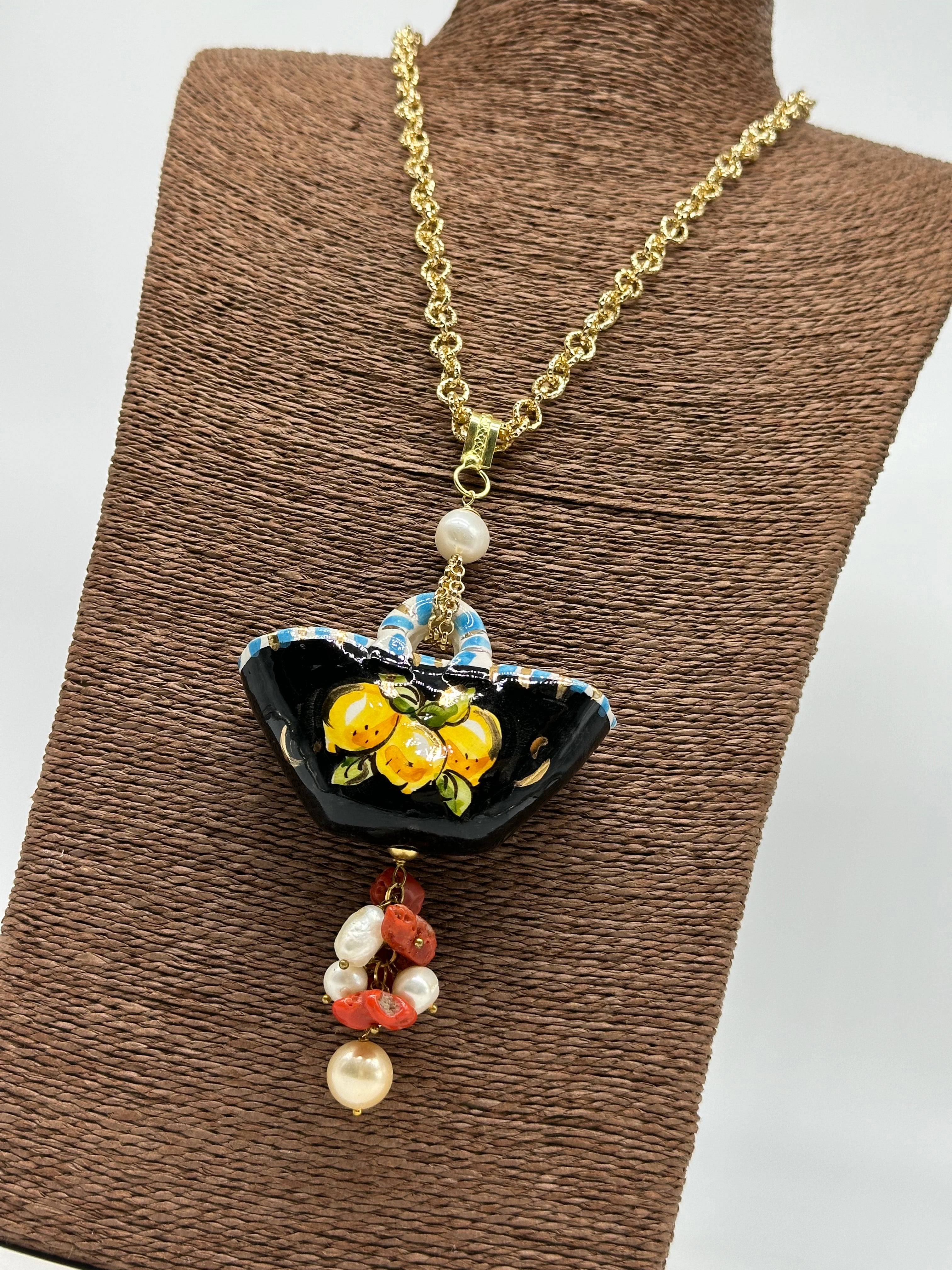 Collana Coffa Siciliana decorata Nero Ceramica di Caltagirone V.2 - COLLANA
