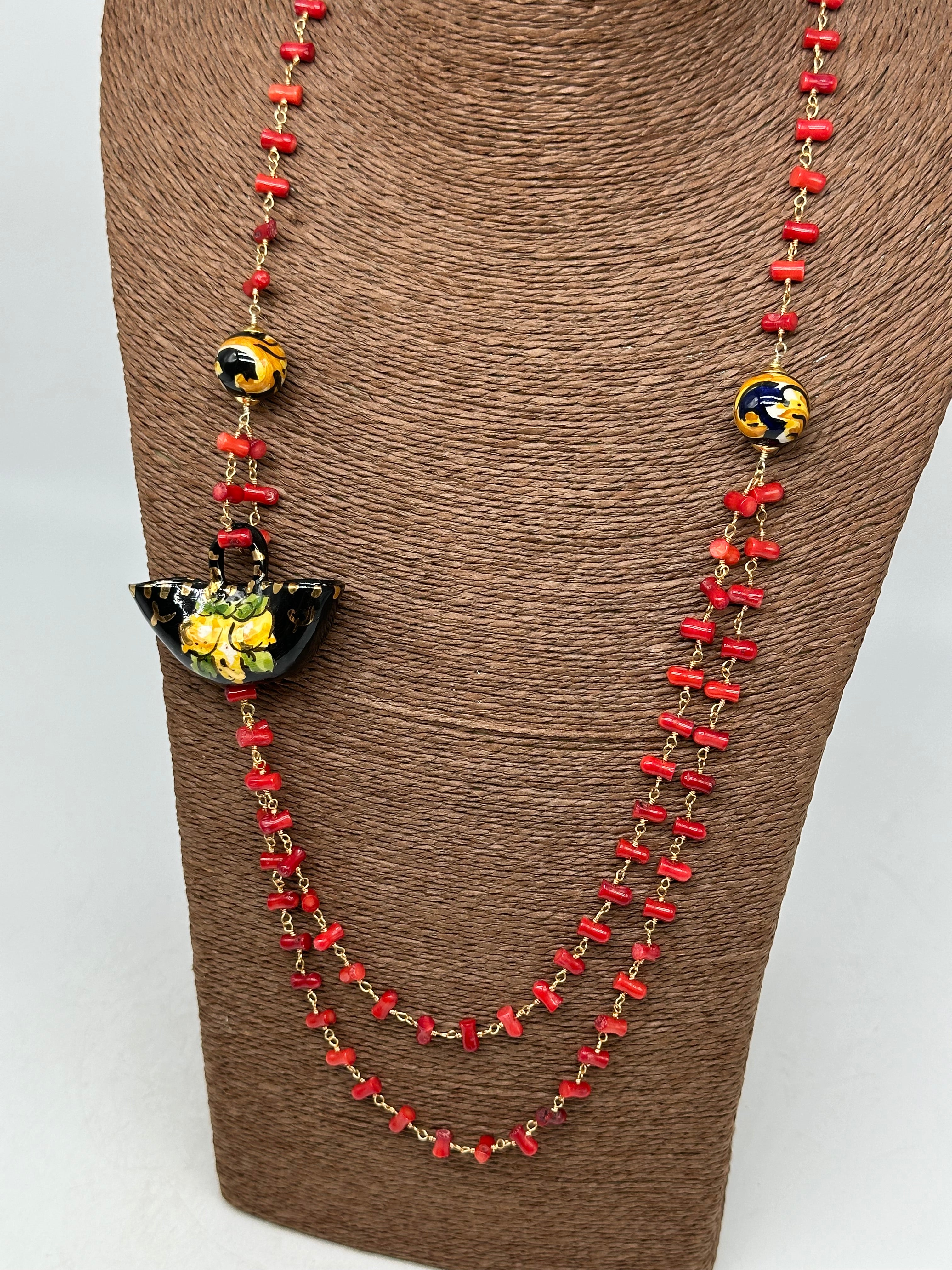Collana Coffa Siciliana decorata Nero Ceramica di Caltagirone - COLLANA