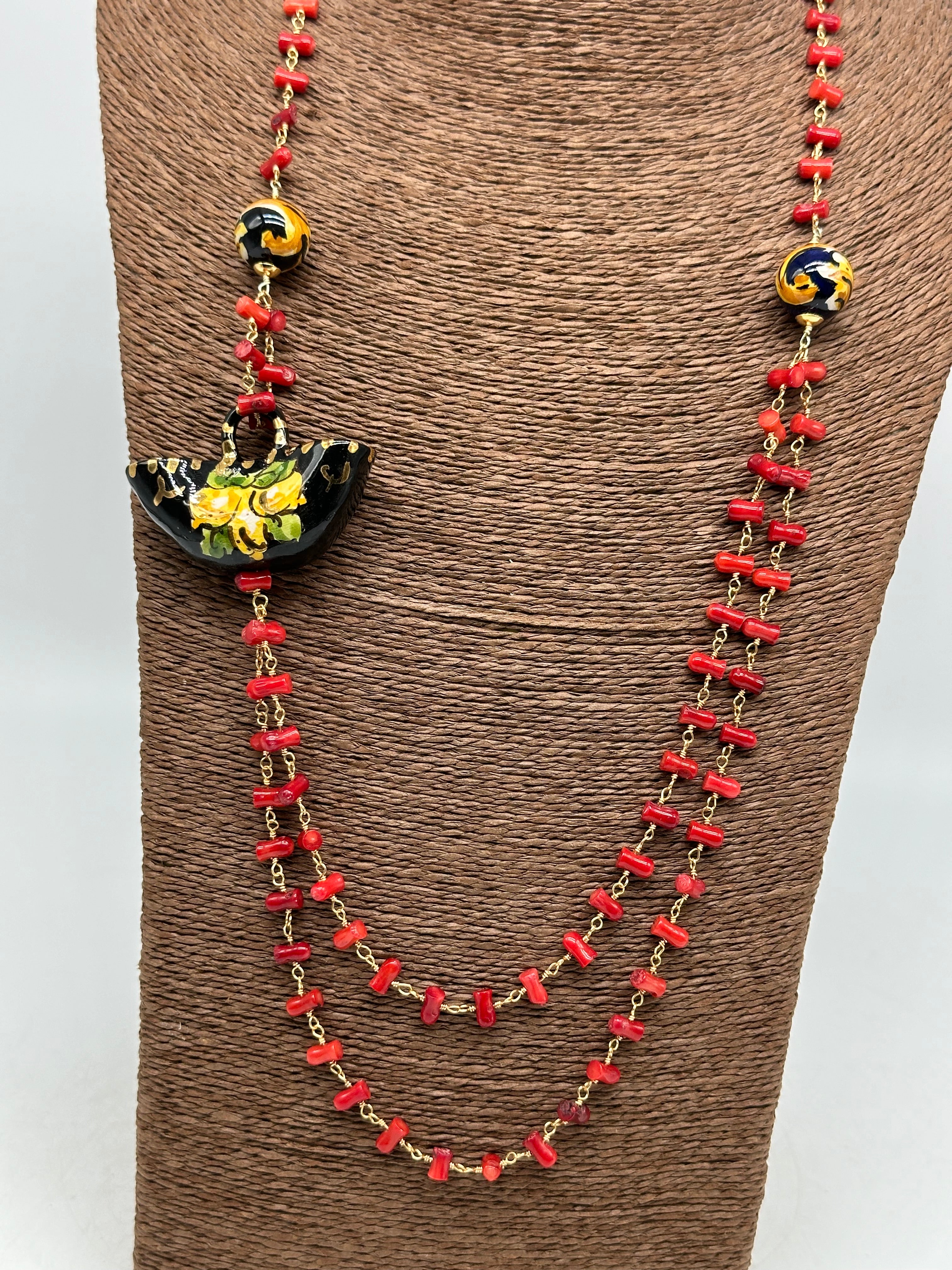 Collana Coffa Siciliana decorata Nero Ceramica di Caltagirone - COLLANA