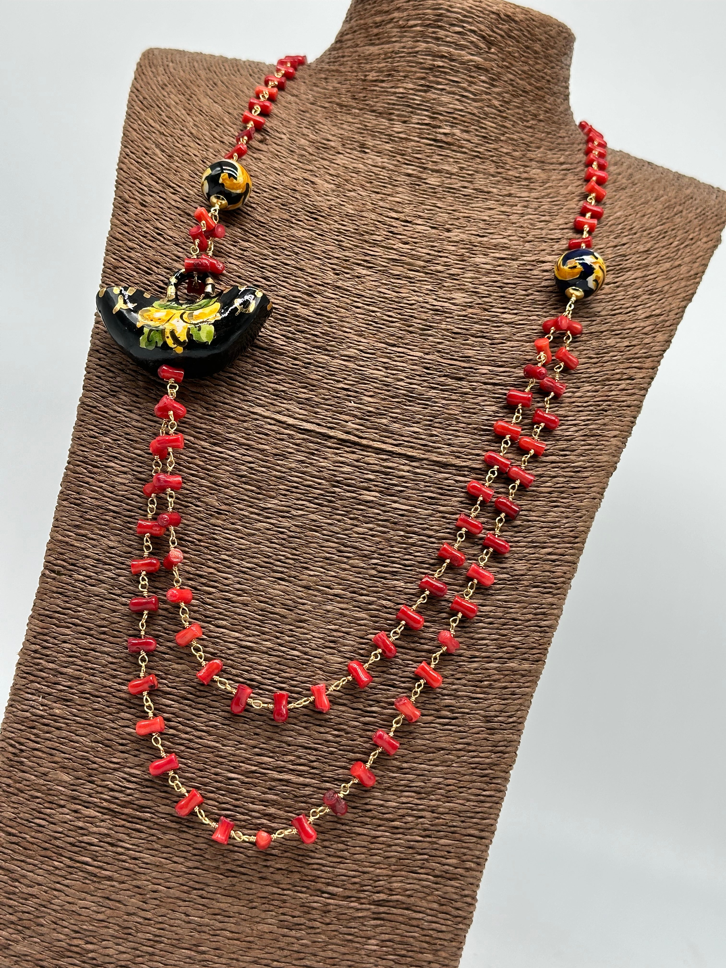 Collana Coffa Siciliana decorata Nero Ceramica di Caltagirone - COLLANA