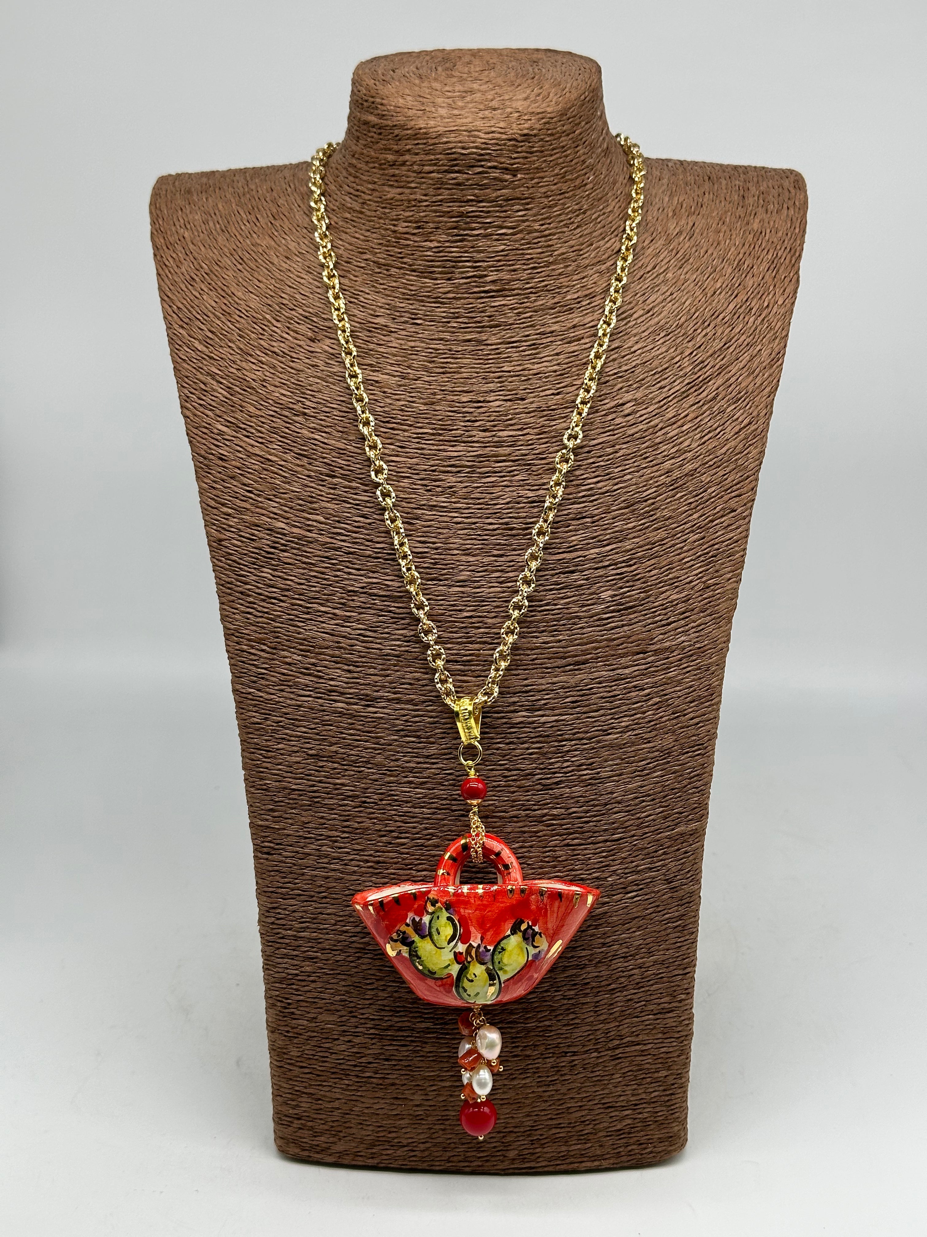 Collana Coffa Siciliana decorata Pale Fichi d’India Ceramica di Caltagirone BIJOUX