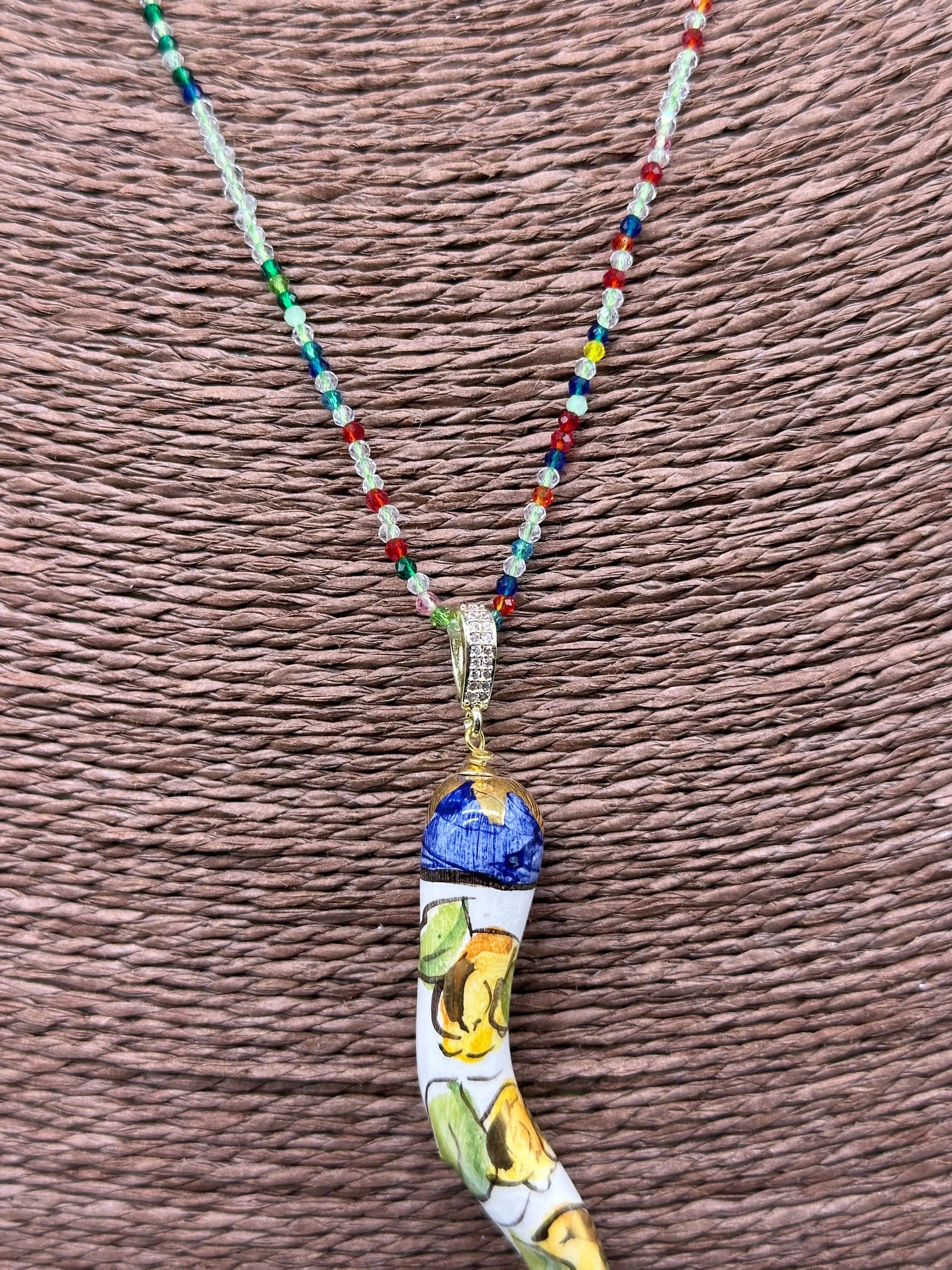 Collana Corno Portafotuna Ceramica Caltagirone, catena perle multicolor V.1 DD CERAMICHE SICILIANE