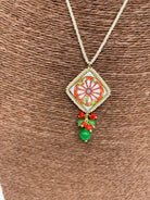 Collana Piastrella Ceramica Caltagirone, Ruota Carretto, pietre, corallo, catena perle - DD CERAMICHE SICILIANE
