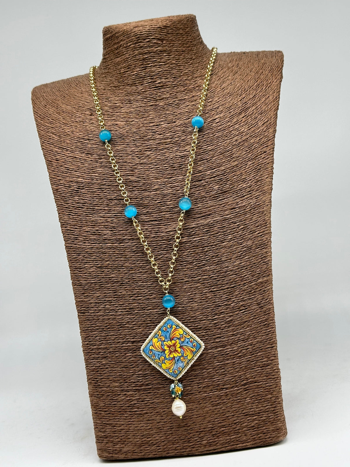 Collana Piastrella Ceramica di Caltagirone catena dorata con pietre V.6 - COLLANA