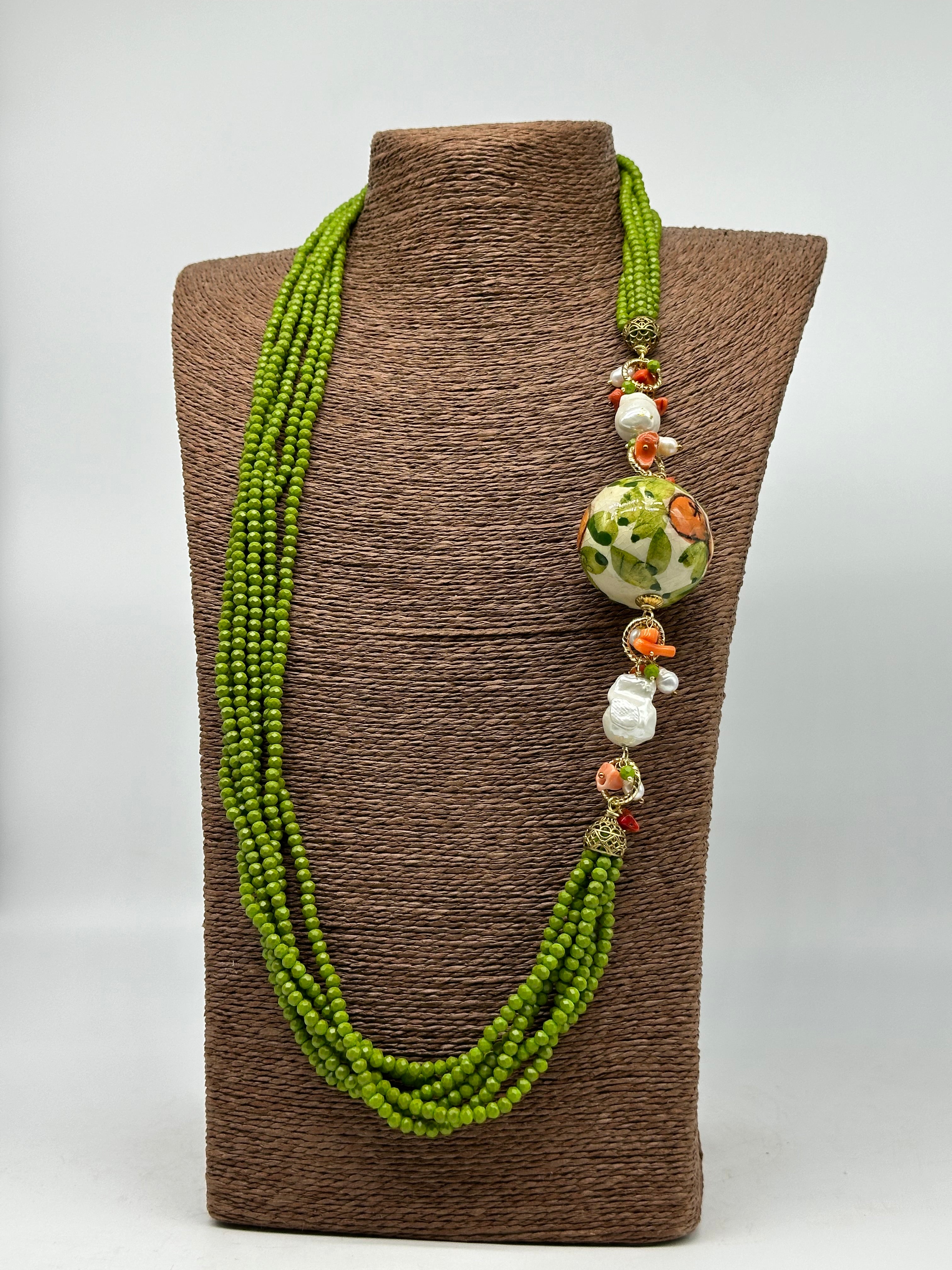 Collana Pietre Verde Sfera Decorata Ceramica di Caltagirone e Perle - COLLANA