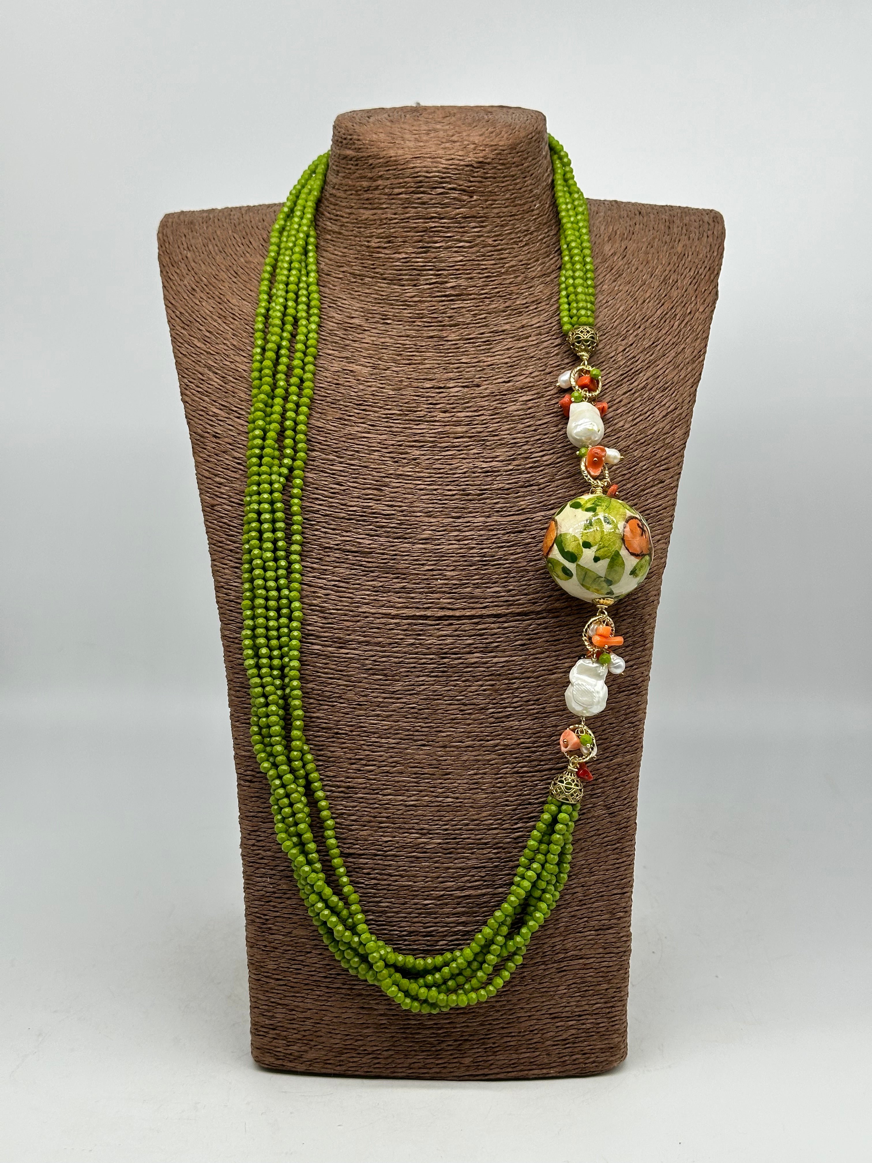 Collana Pietre Verde Sfera Decorata Ceramica di Caltagirone e Perle - COLLANA