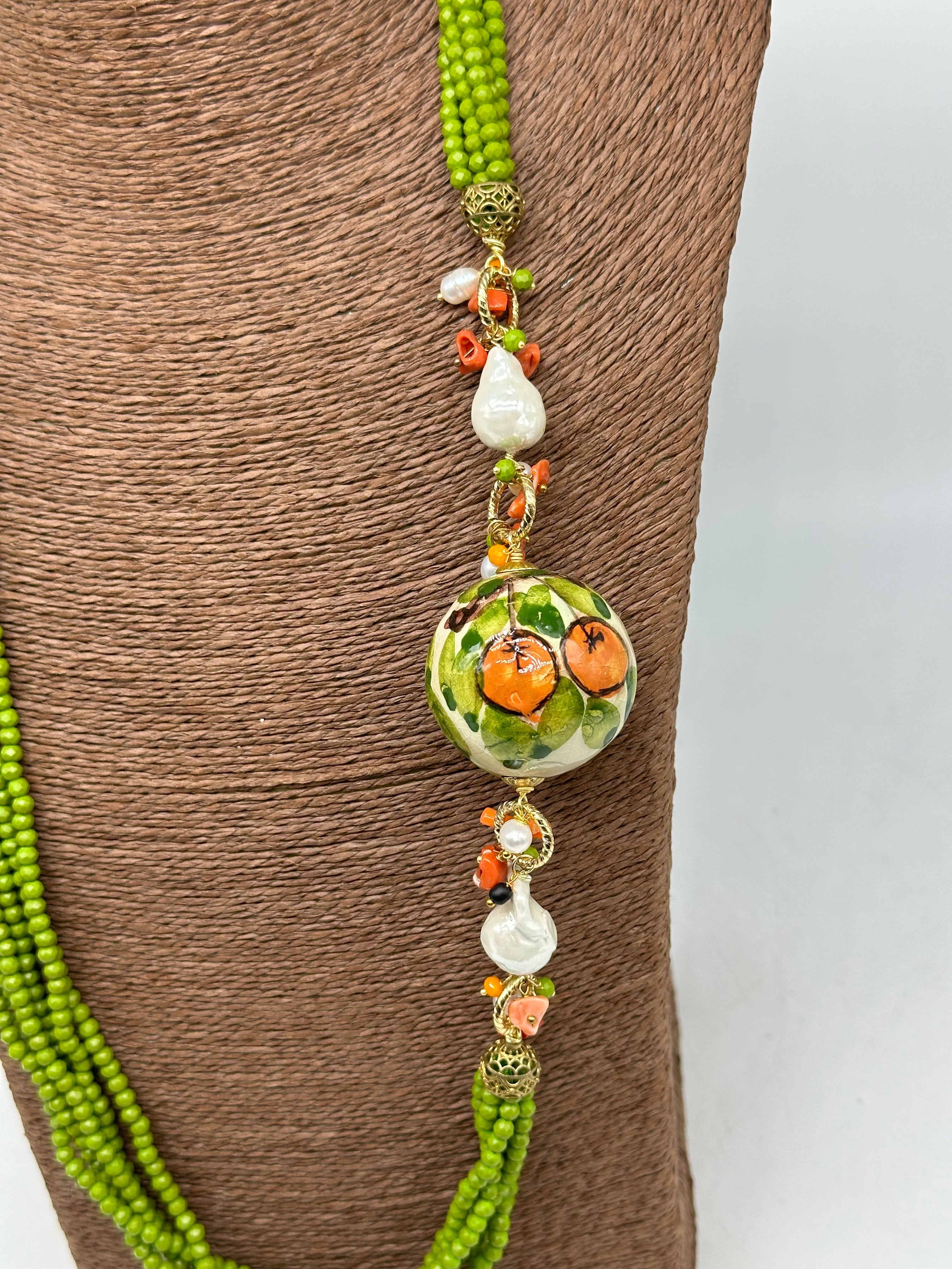 Collana Pietre Verde Sfera Decorata Ceramica di Caltagirone e Perle - COLLANA