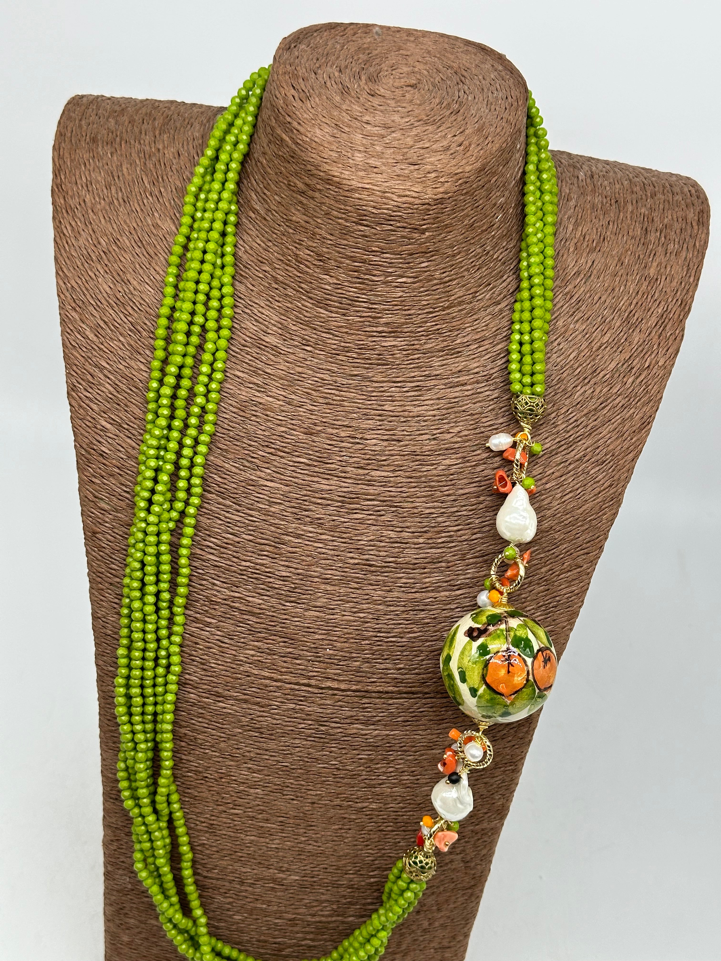Collana Pietre Verde Sfera Decorata Ceramica di Caltagirone e Perle - COLLANA