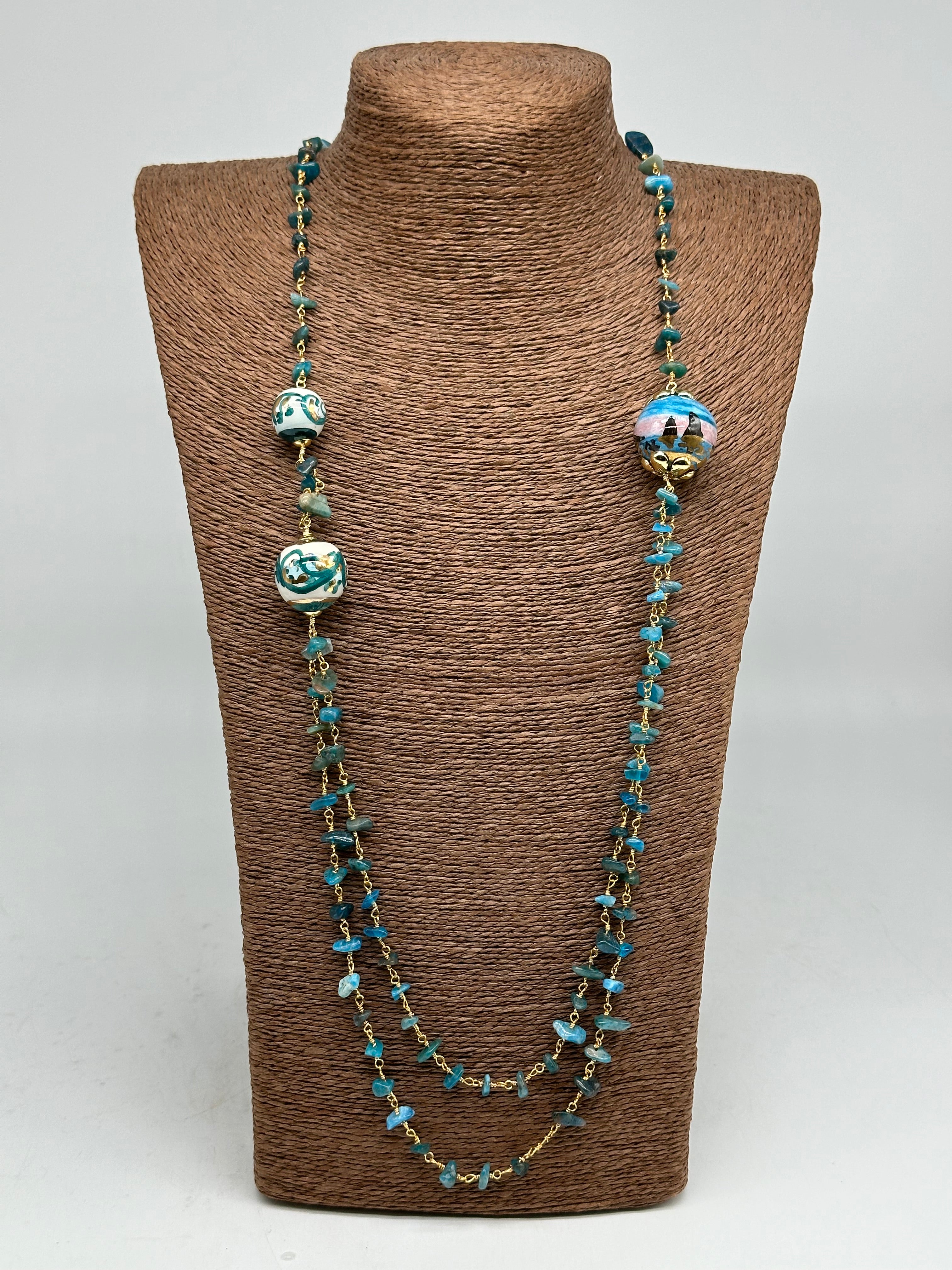 Collana Sfere decorate Pietre Verde marino Ceramica di Caltagirone - BIJOUX
