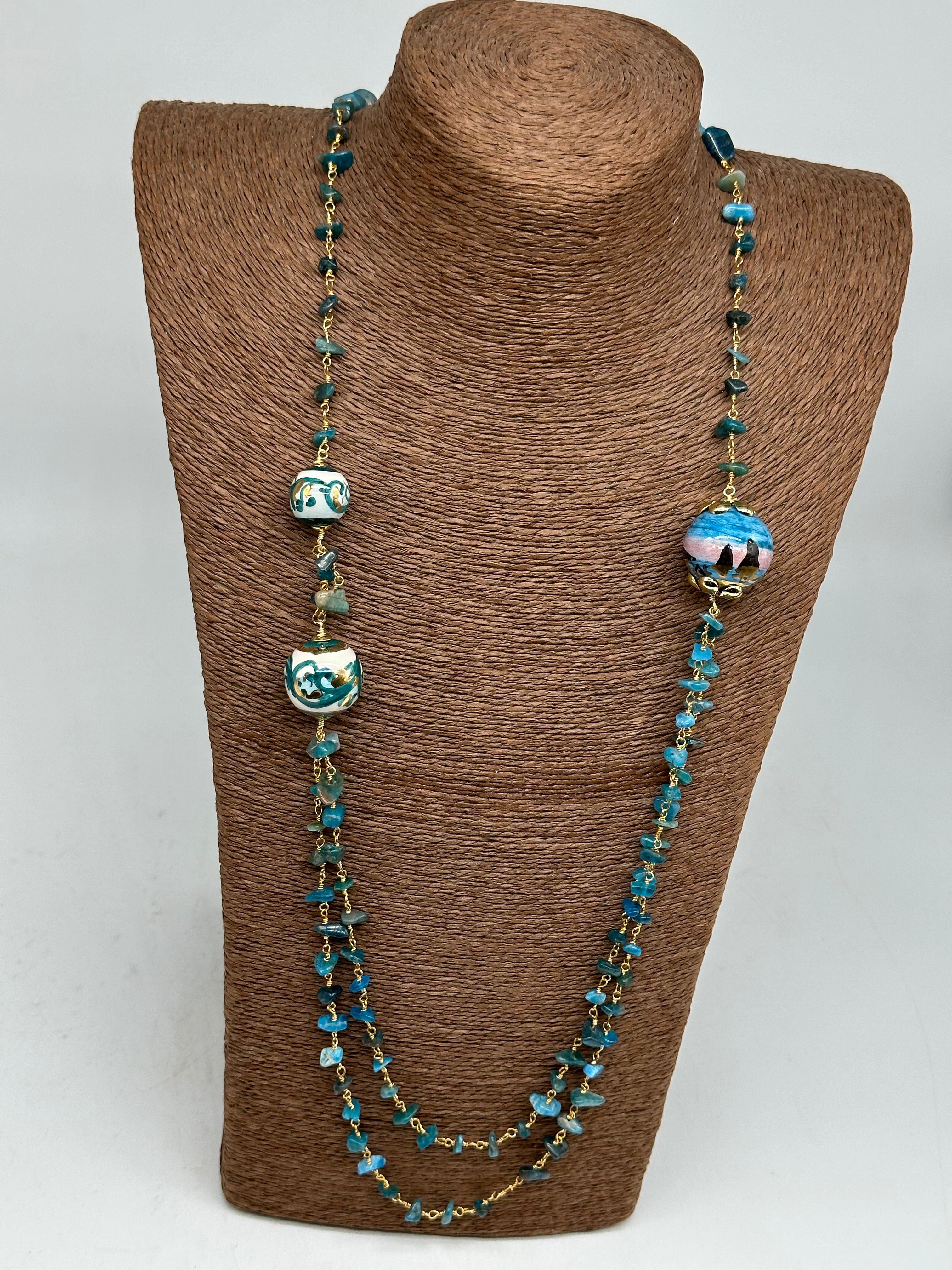 Collana Sfere decorate Pietre Verde marino Ceramica di Caltagirone - BIJOUX