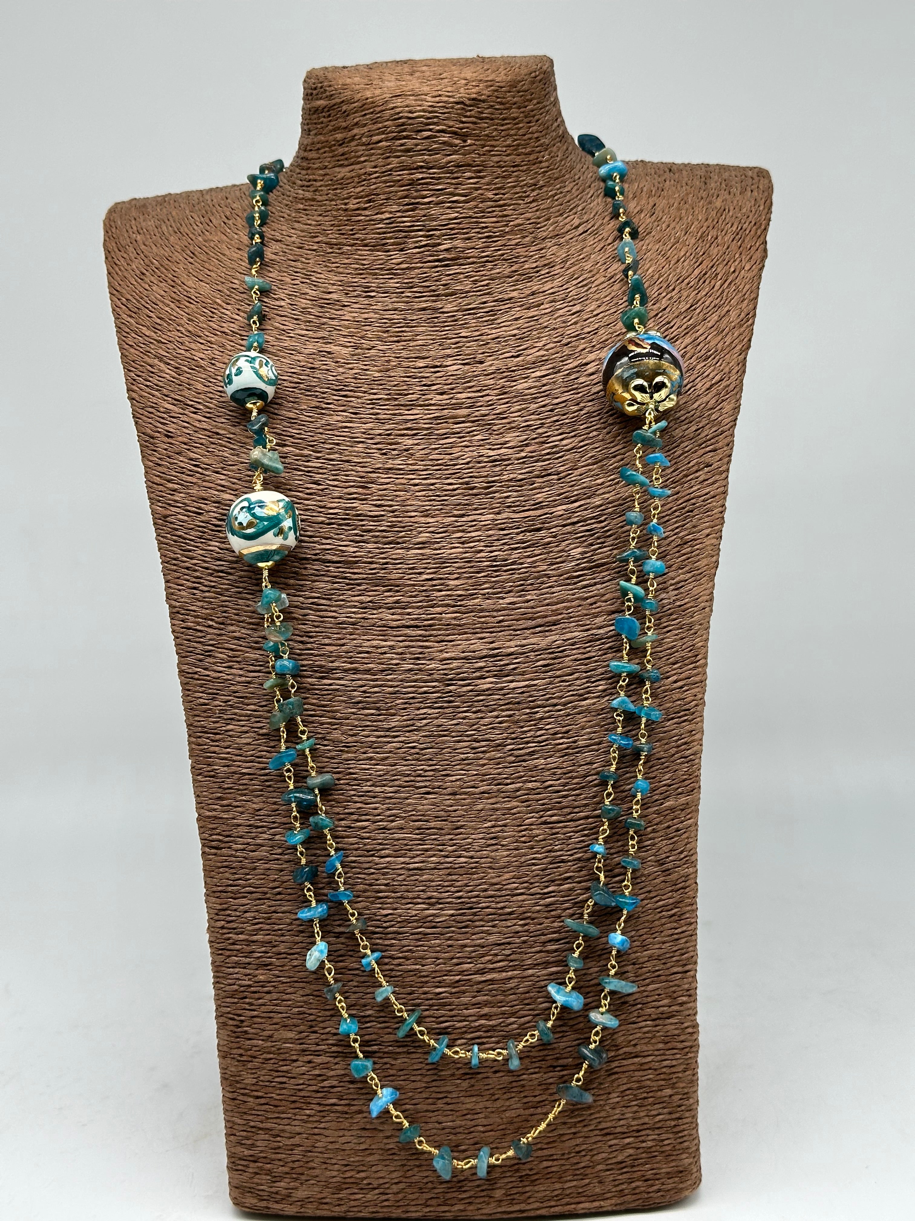 Collana Sfere decorate Pietre Verde marino Ceramica di Caltagirone - BIJOUX
