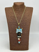 Collana Siciliana Testa di Moro Ceramica di Caltagirone Turbante Celeste Decorato Sfere Oro - COLLANA