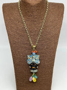 Collana Siciliana Testa di Moro Ceramica di Caltagirone Turbante Celeste Decorato dettagli Oro - COLLANA