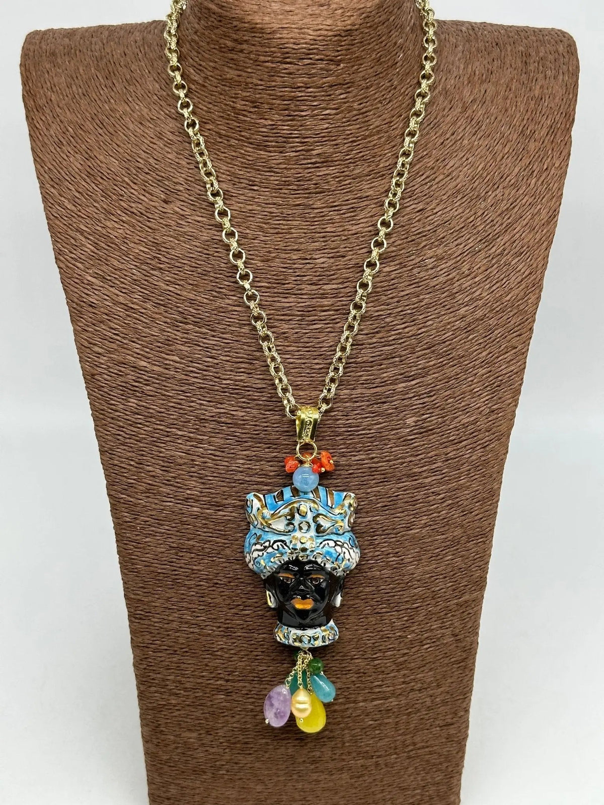Collana Siciliana Testa di Moro Ceramica di Caltagirone Turbante Celeste Decorato dettagli Oro - COLLANA