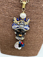 Collana Siciliana Testa di Moro Ceramica di Caltagirone Turbante Blu Decorato dettagli Oro - COLLANA