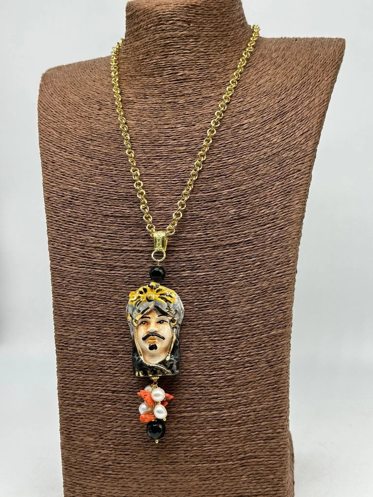 Collana Siciliana Testa di Moro Ceramica di Caltagirone Turbante Celeste Nero - COLLANA